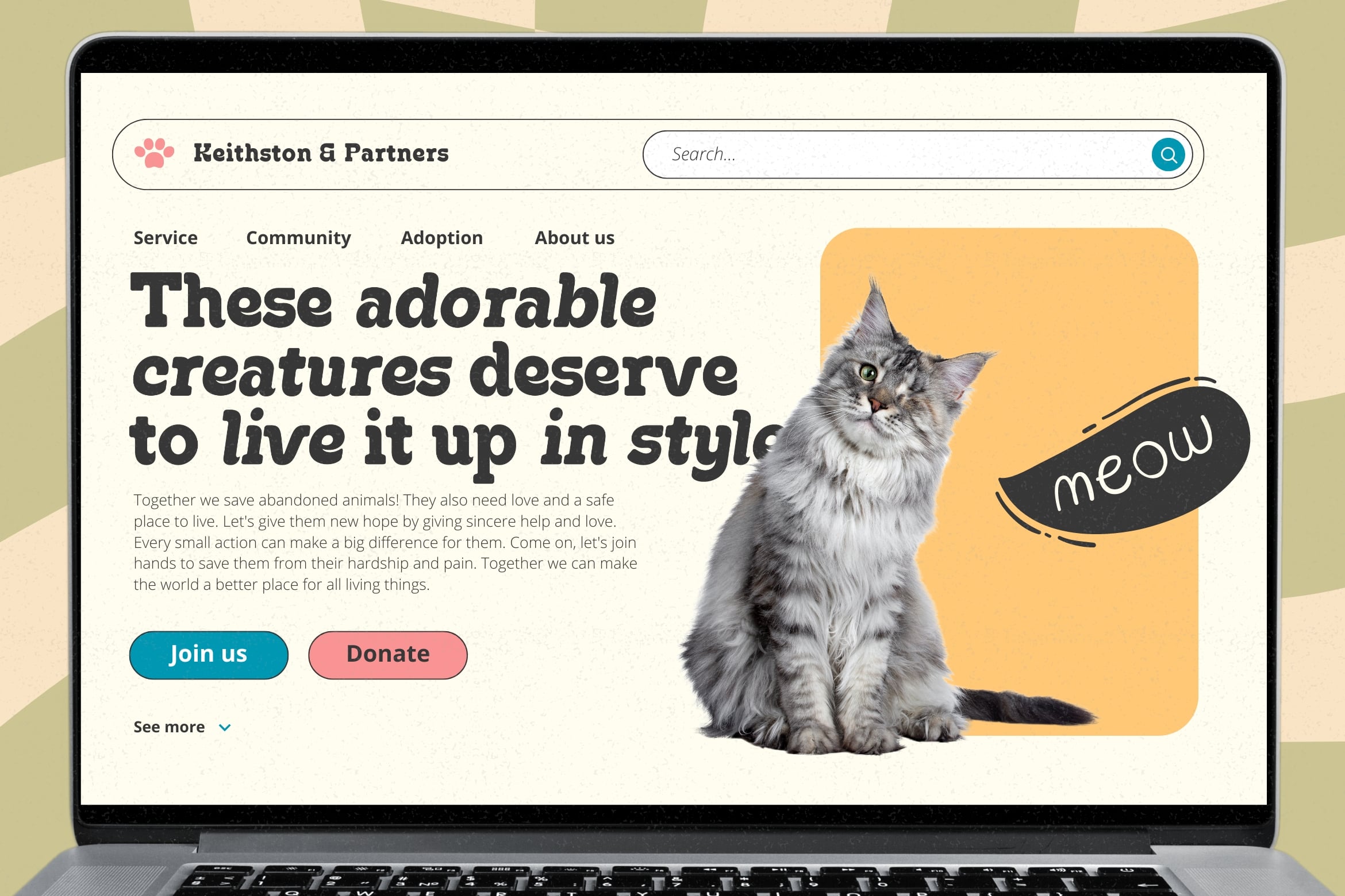 Pet shelter website mockup showing fluffy cat with meow speech bubble