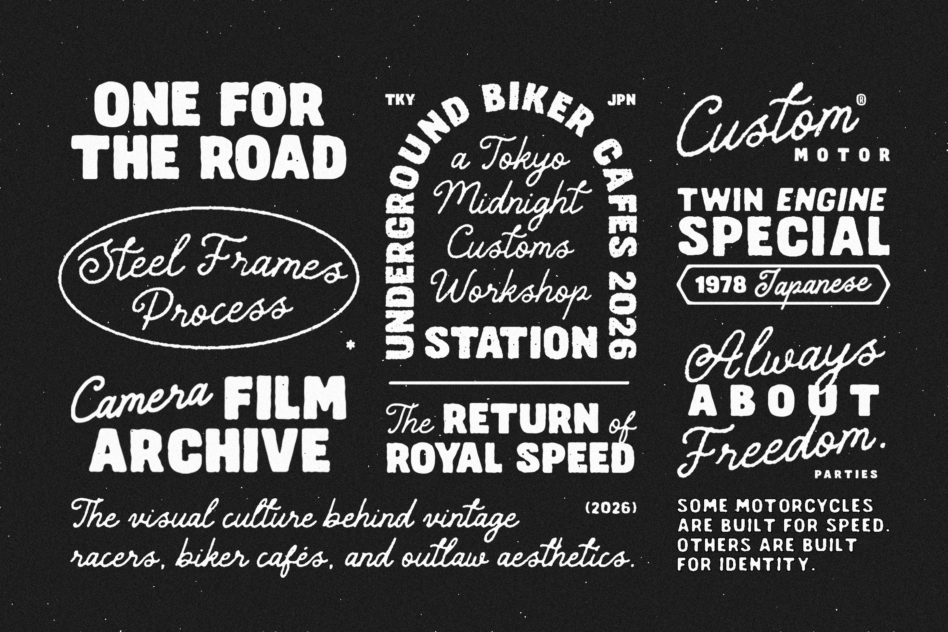 Retro typography and vintage motorcycle-themed graphic design elements ideal for creating unique templates and mockups for designers.