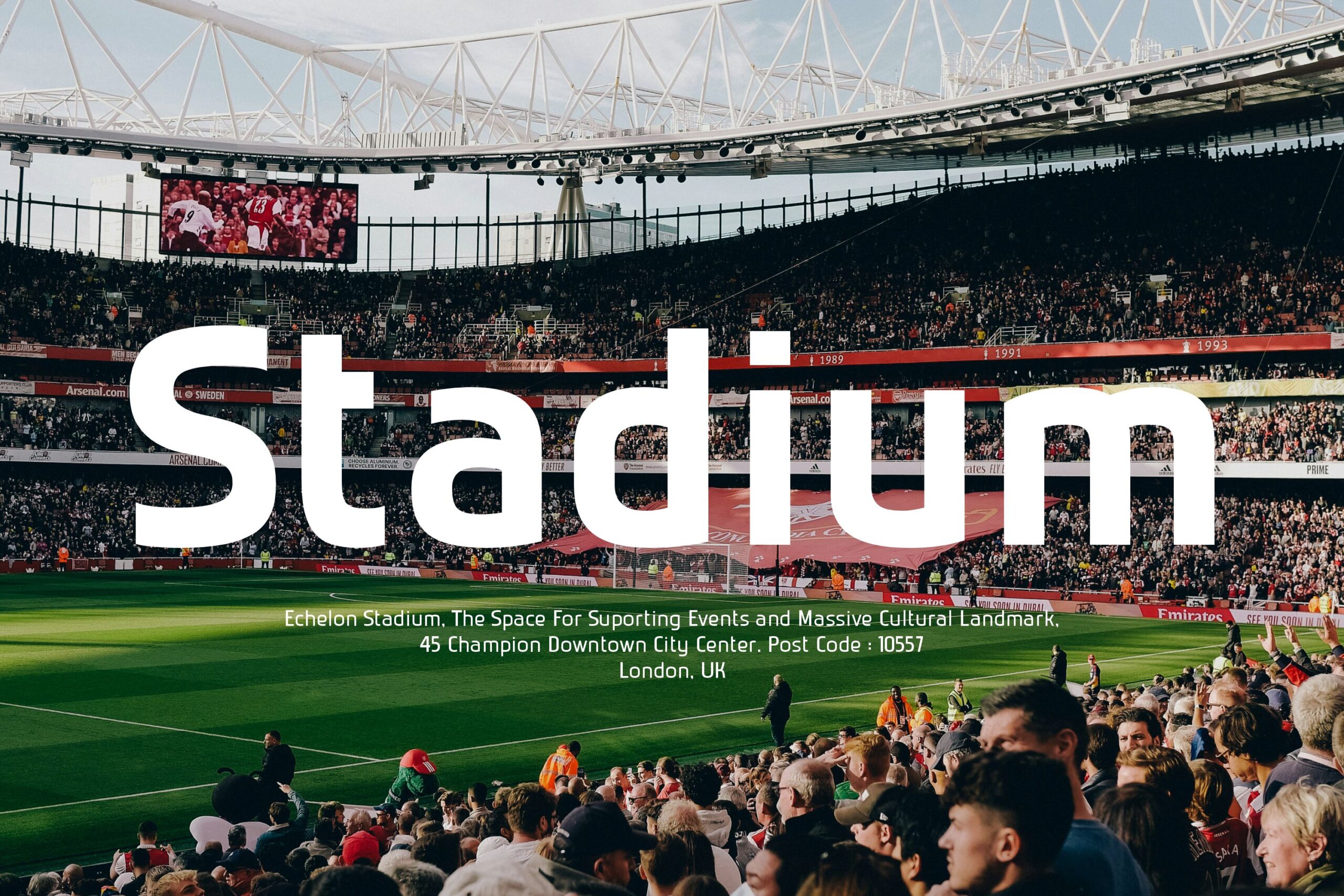 Stadium seating with crowd overlaid with large white Stadium text, London venue details below