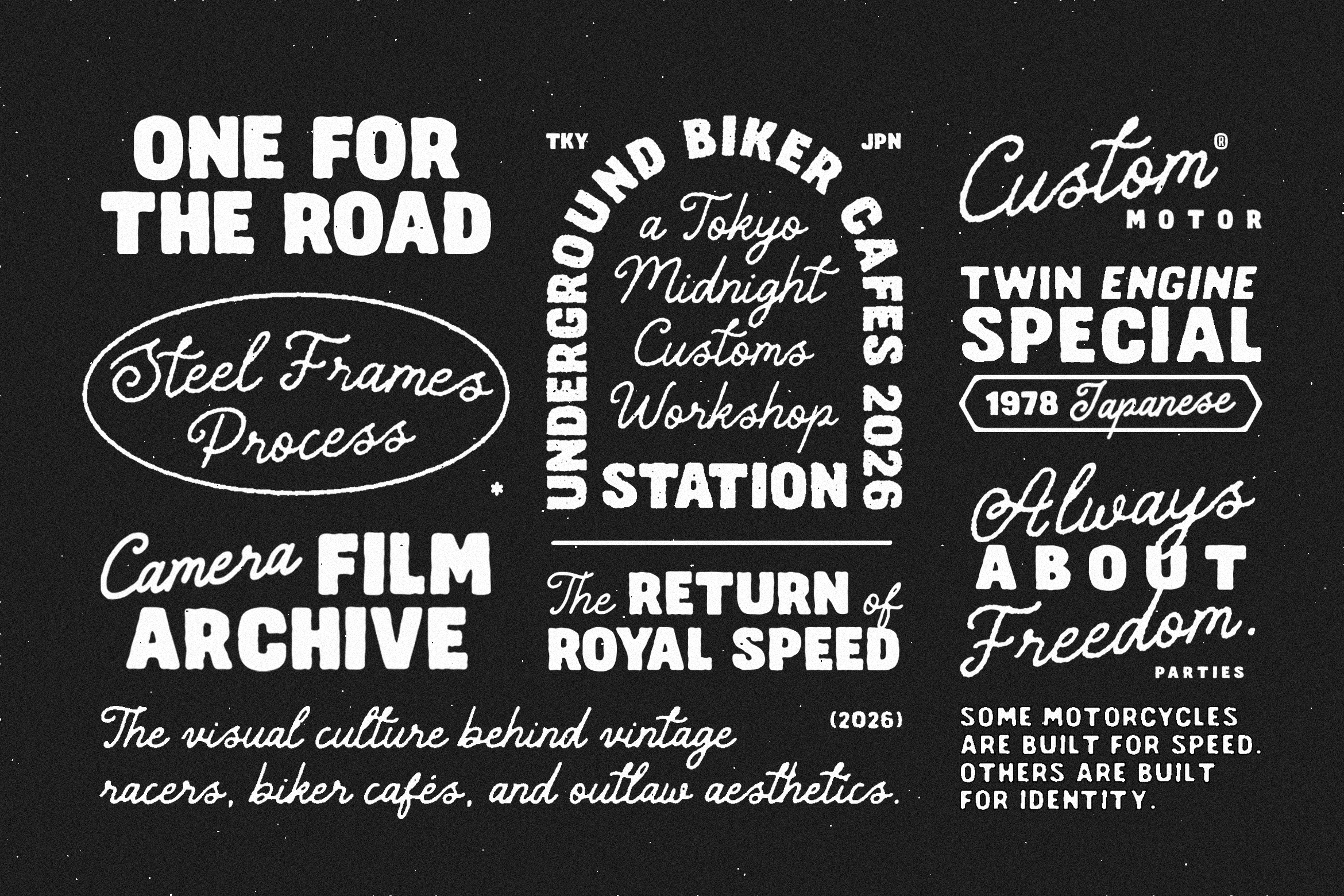 Retro typography and vintage motorcycle-themed graphic design elements ideal for creating unique templates and mockups for designers.