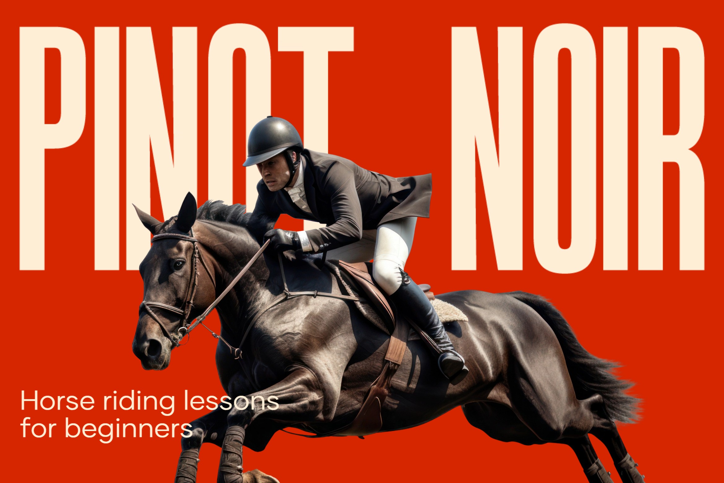 Pinot Noir bold condensed font in cream on red background with equestrian rider on horse