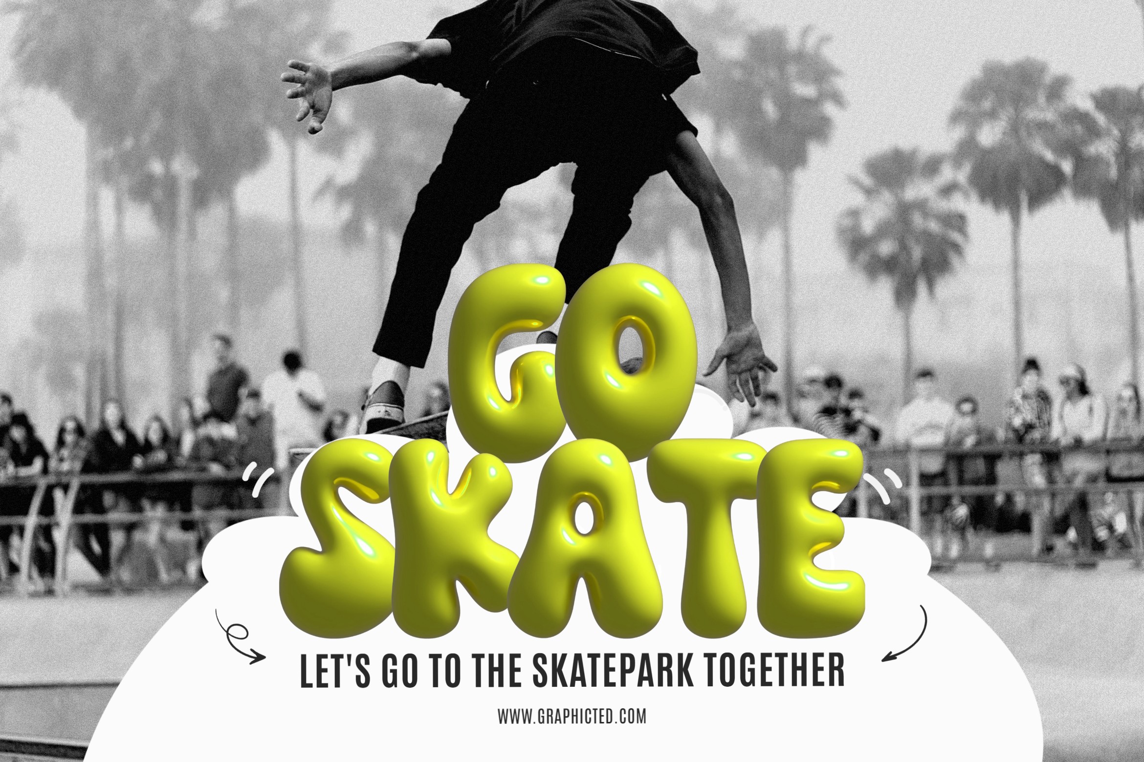 Skateboarder jumping over neon yellow text reading Go Skate on black white photo