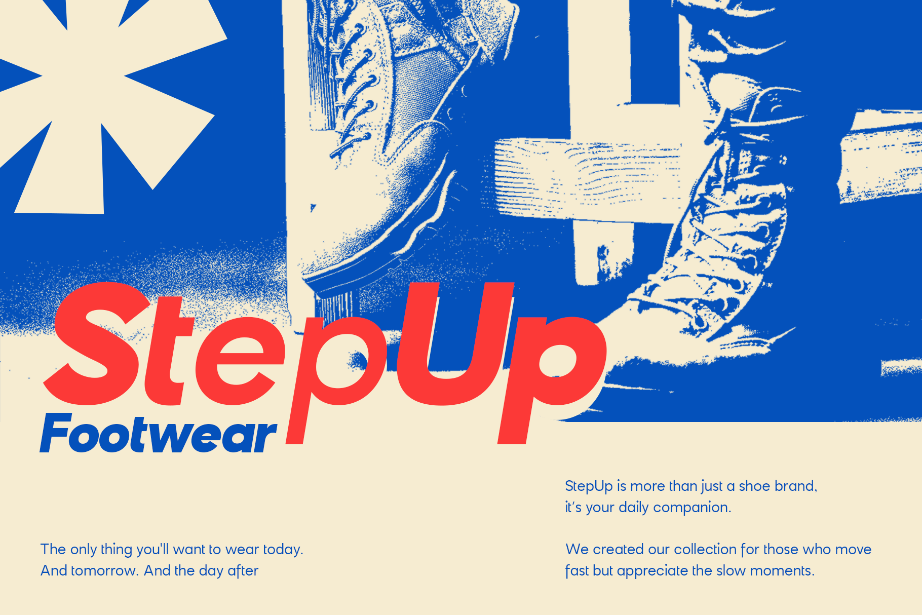 Retro footwear poster with bold red typography, blue boots, cream background, vintage vibes