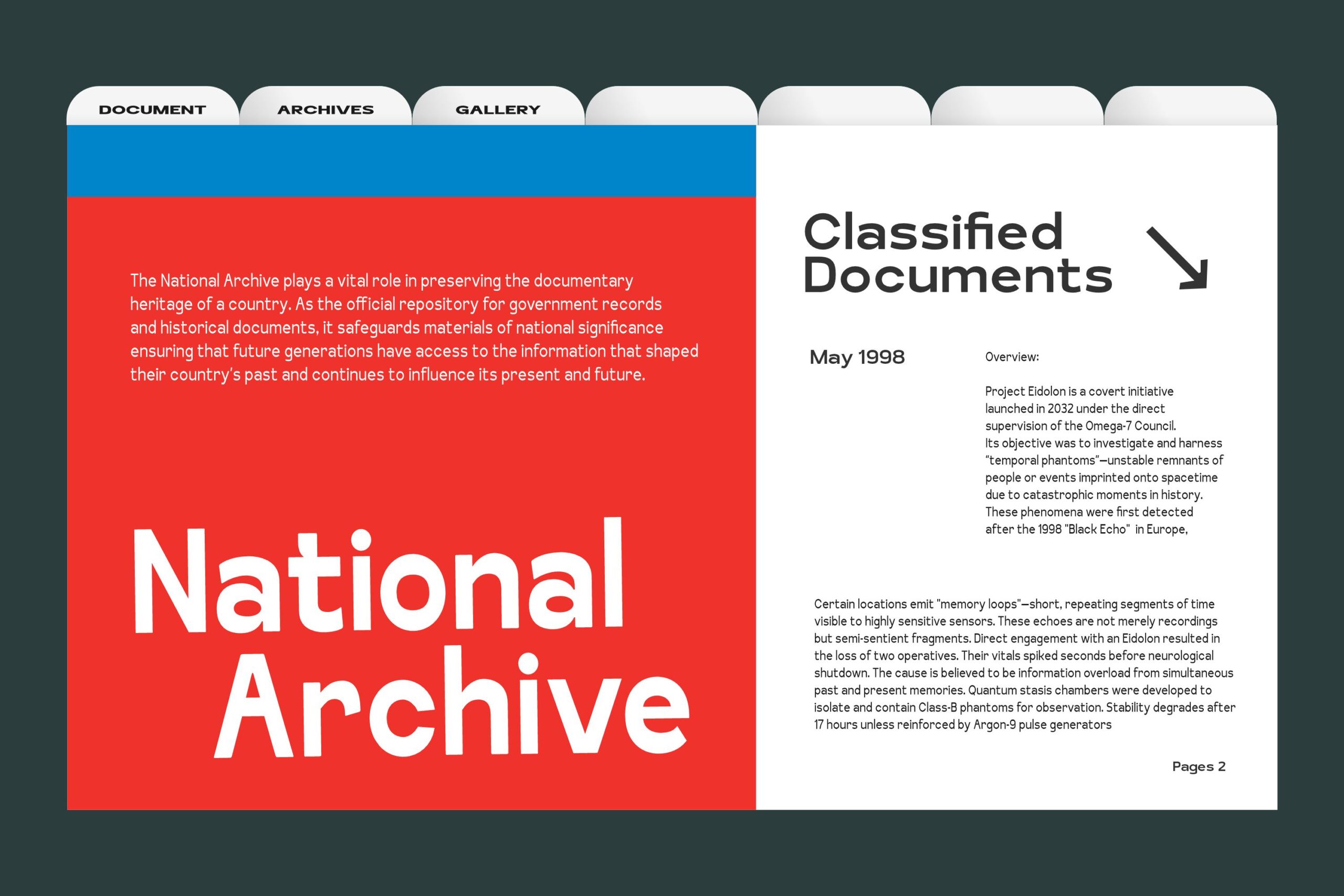Retro website mockup with tabbed navigation, bold red section, plus classified documents page layout