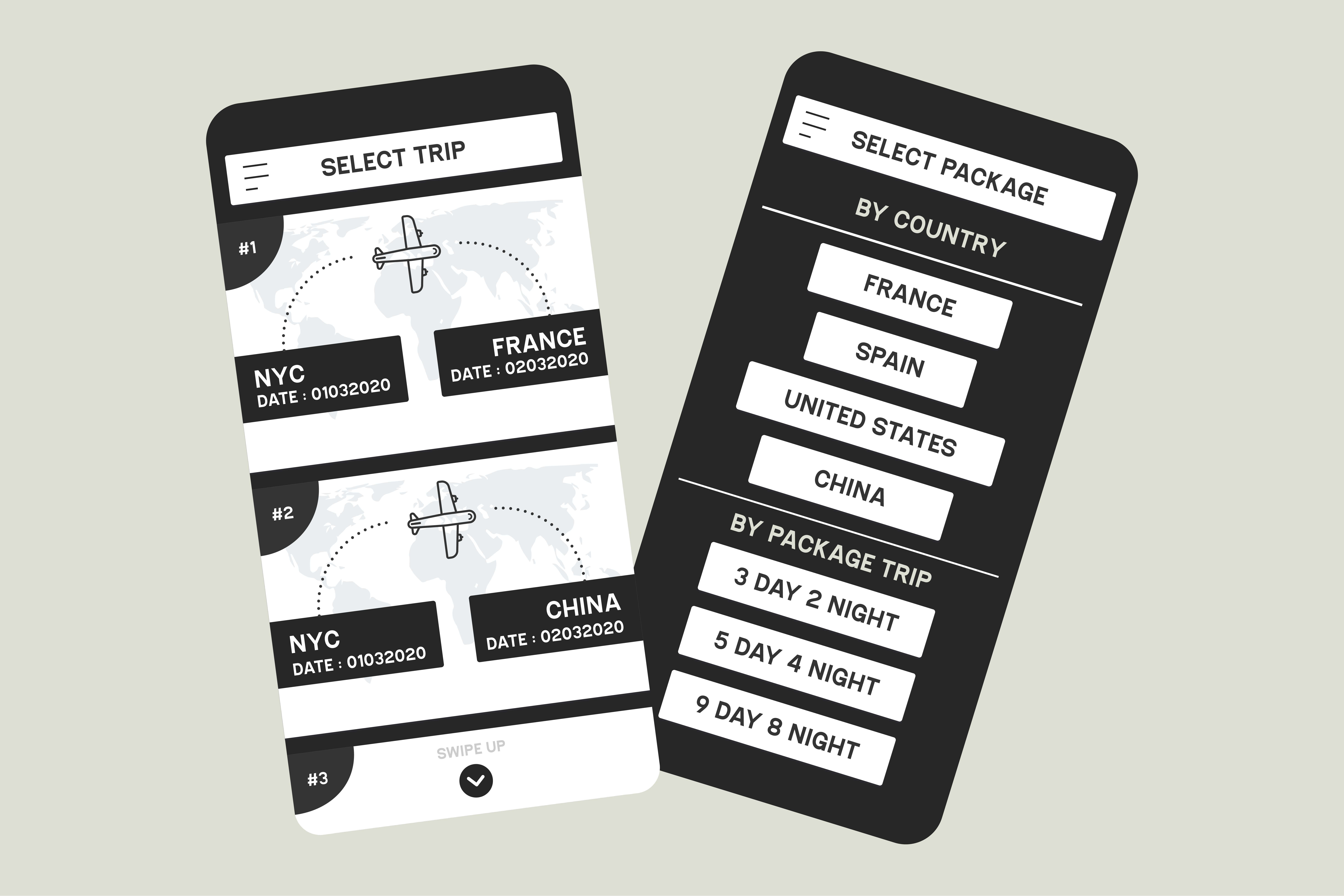 Mobile app mockup showcasing travel booking interface with trip selection options, flight destinations, and package details. Ideal for UI design projects.