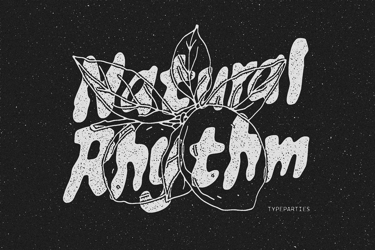 Organic botanical line art with speckled textured lettering on dark starry background