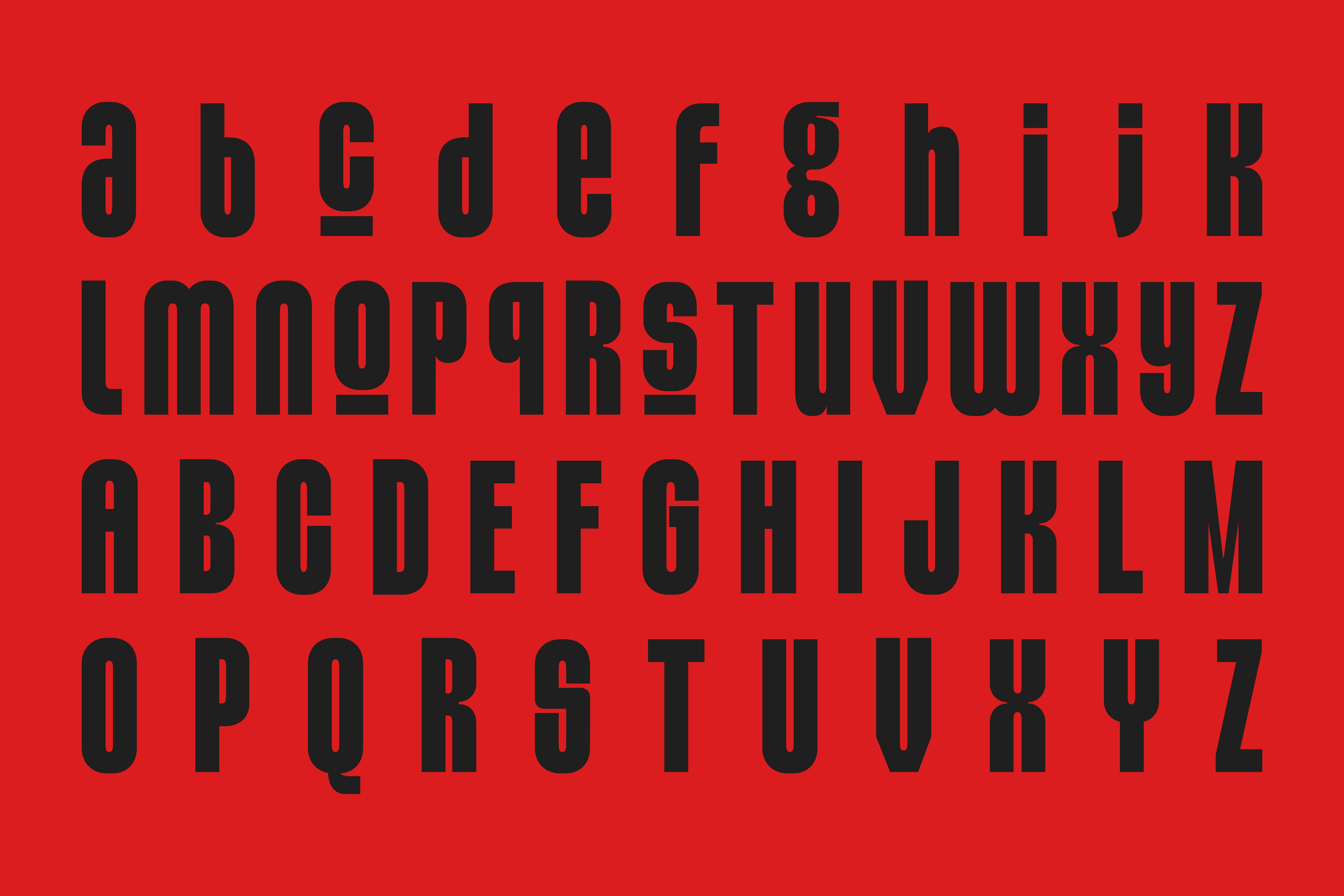 Bold display font on red, featuring uppercase and lowercase letters in a modern, geometric style; ideal for graphic design and typography templates.