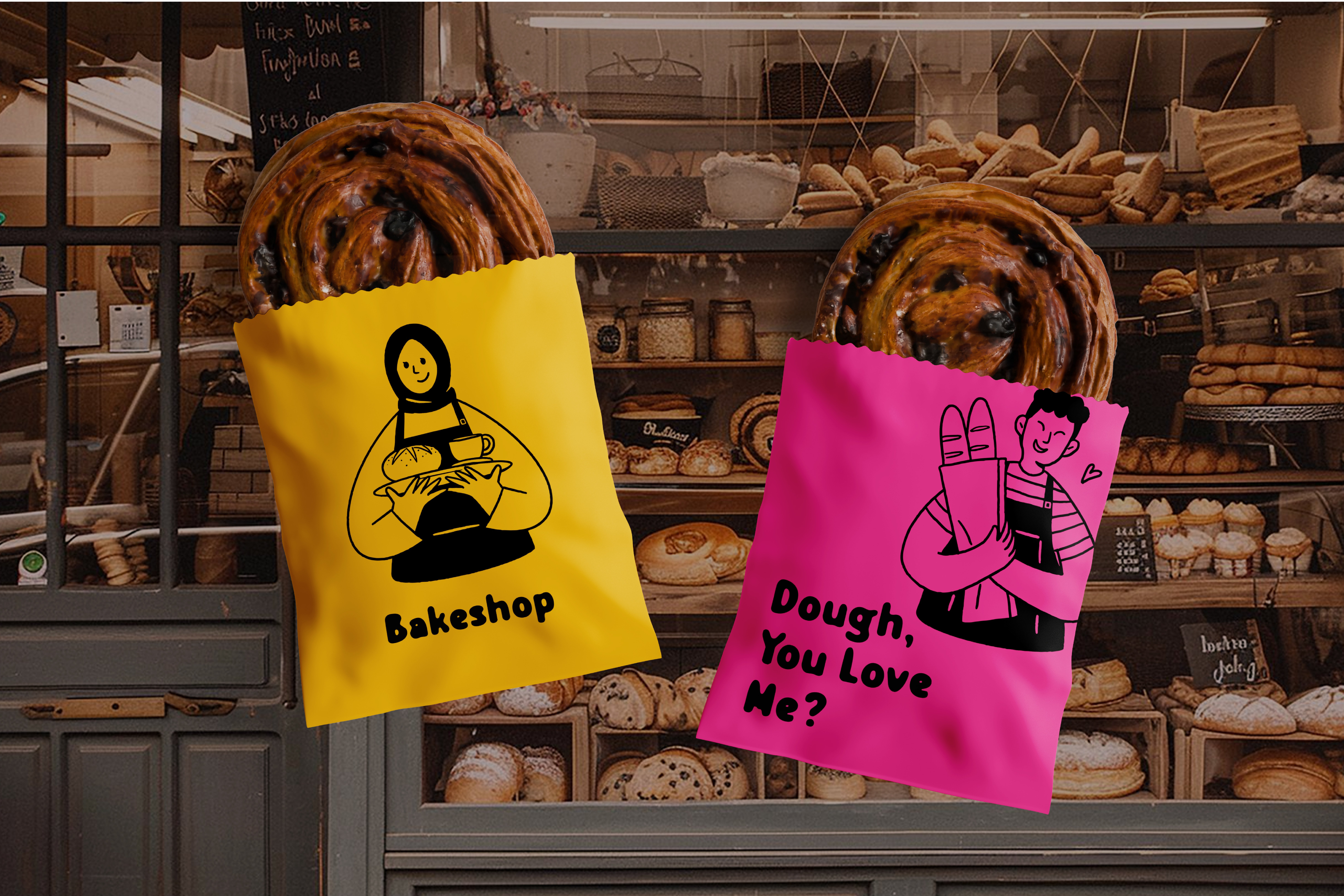 Bakery mockup with illustrated bread packaging. Yellow bag says Bakeshop, pink bag says Dough You Love Me. Ideal for designers, graphics, branding.