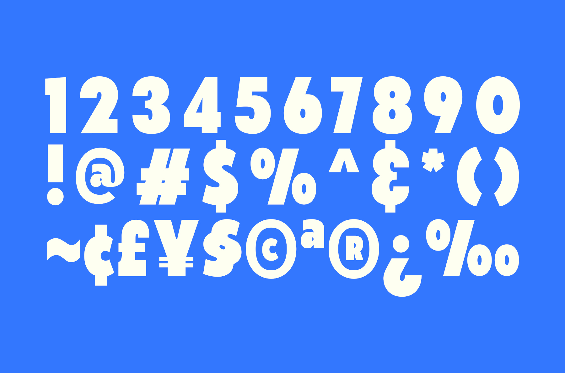 Bold sans serif font displaying numbers, symbols, currency signs on bright blue background
