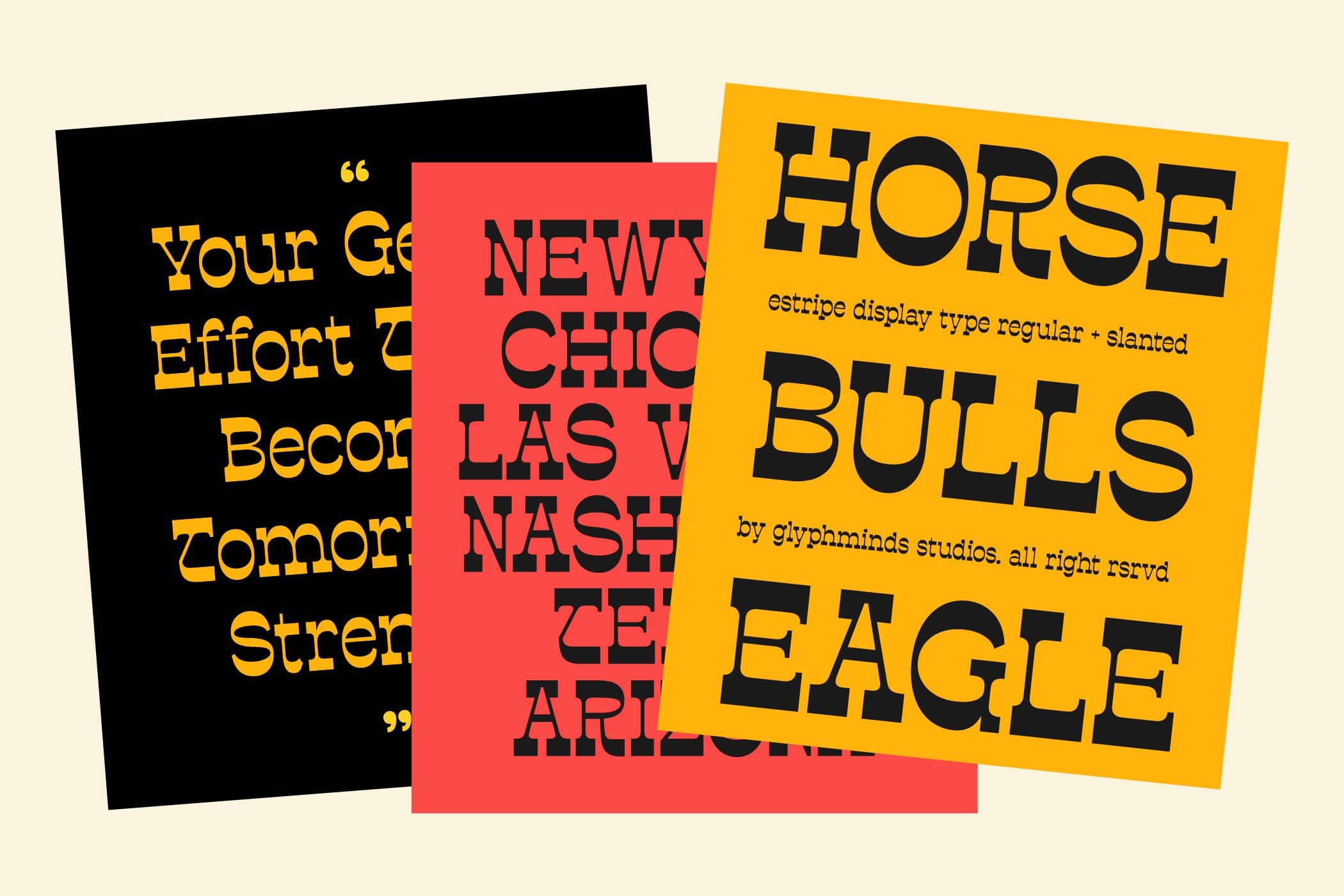 Horse Bulls typeface in yellow, black, coral on overlapping cards