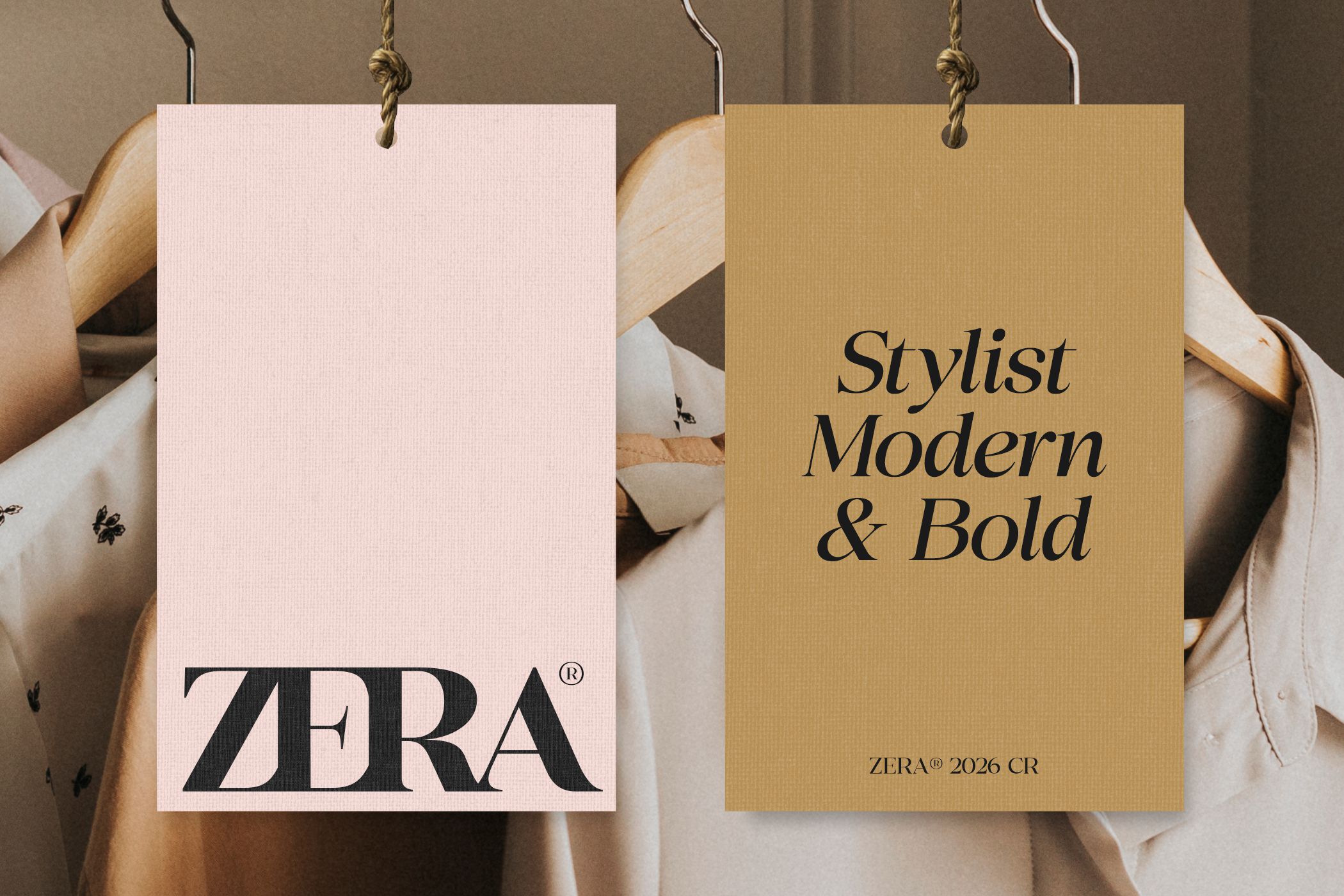 Two hanging tag mockups showing blank pink card next to mustard cardstock with serif text