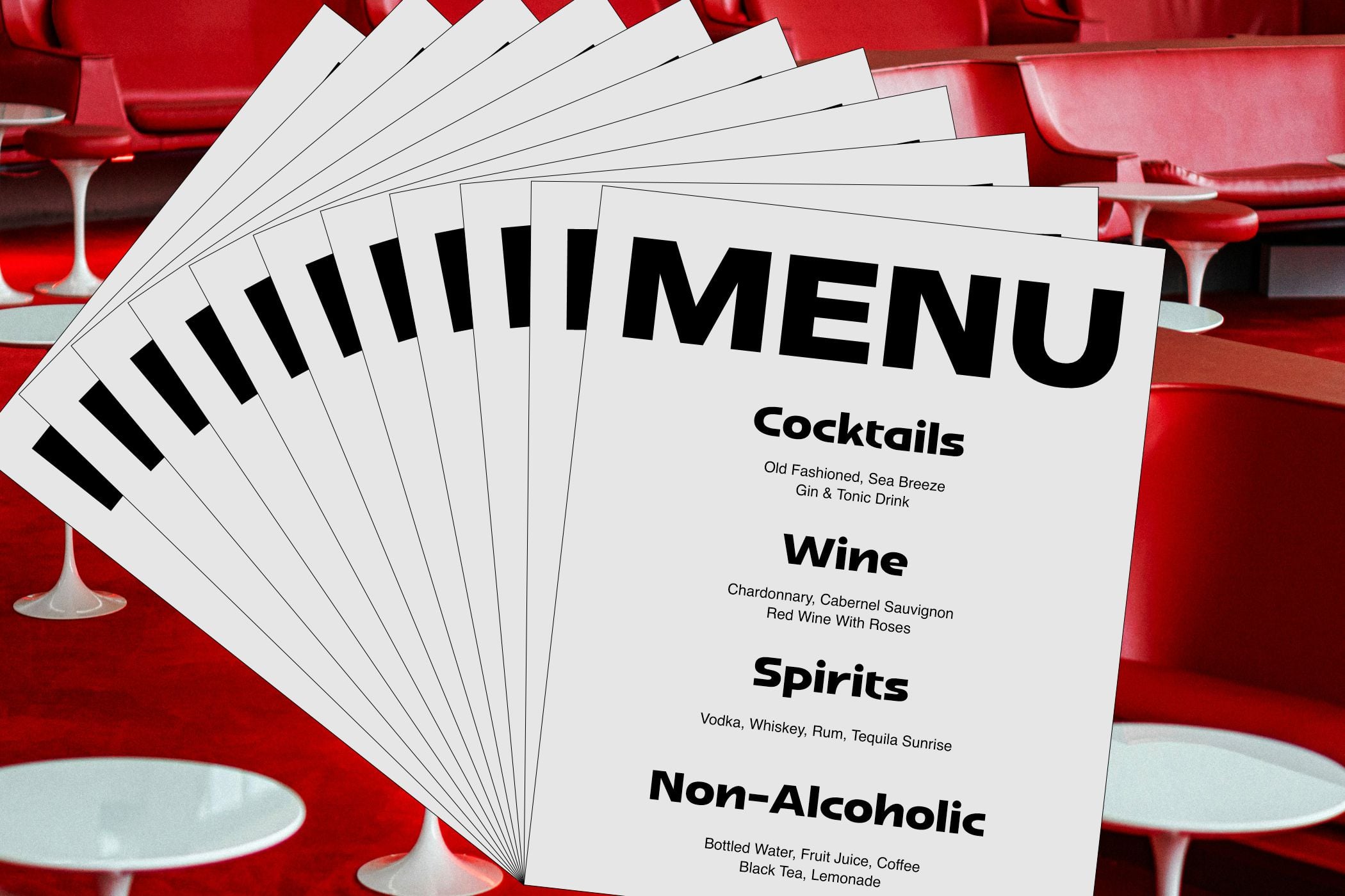 Stacked cocktail menu cards fanned out against red bar setting with drink categories