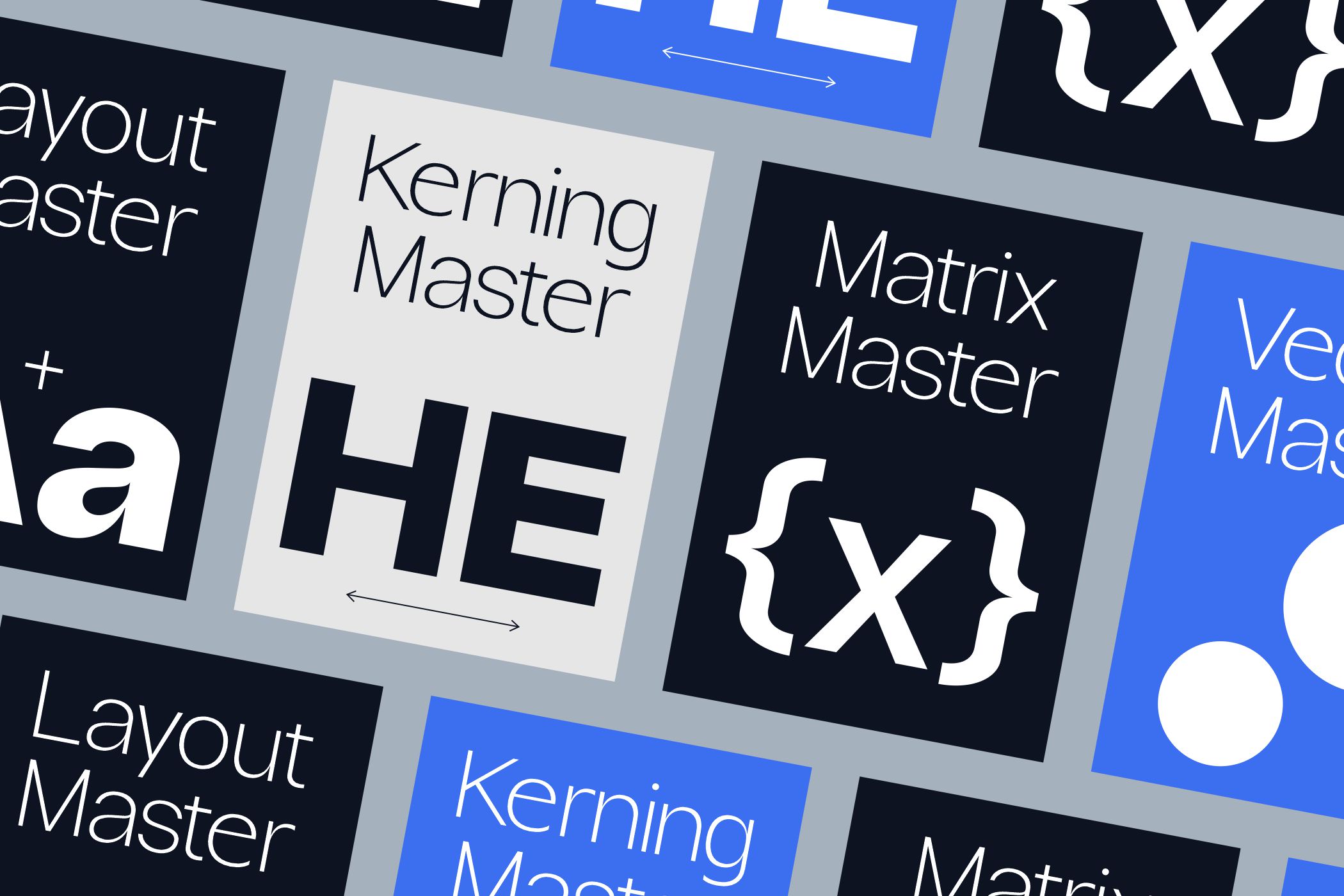 Grid layout of design system cards showing kerning, matrix, layout masters