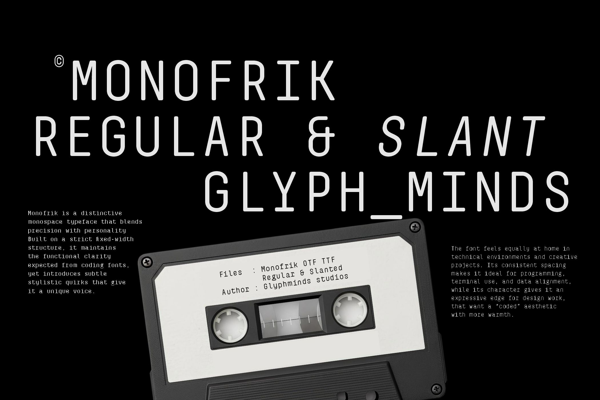 Monofrik Regular typeface with slant style glyph minds on cassette tape mockup