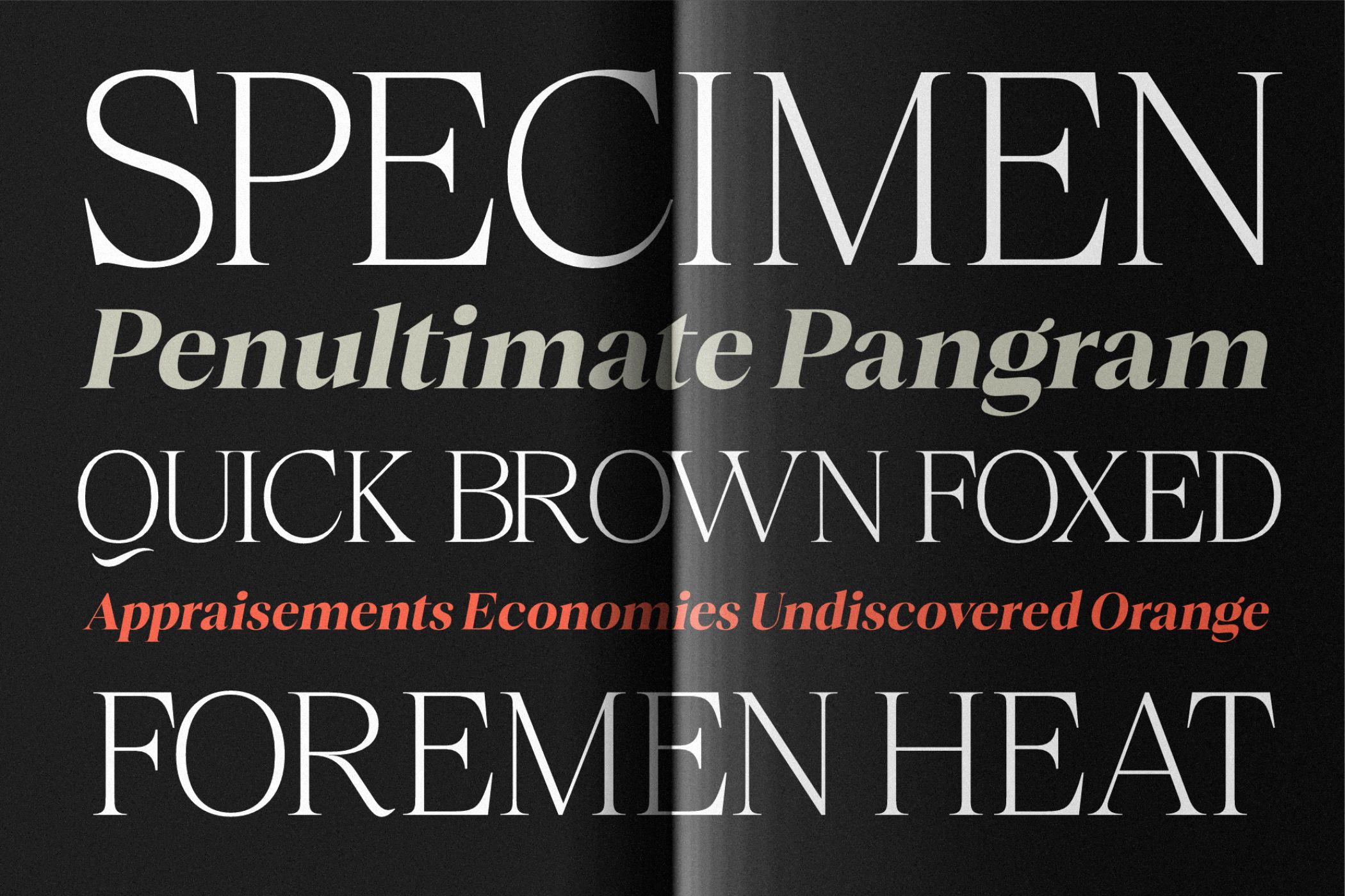 Specimen font showcase with serif typeface in multiple weights on dark background