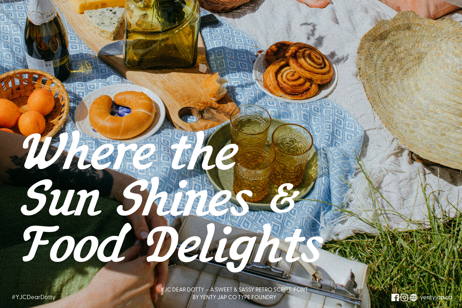 Overhead picnic scene with pastries, drinks, straw hat displaying Dear Dotty script