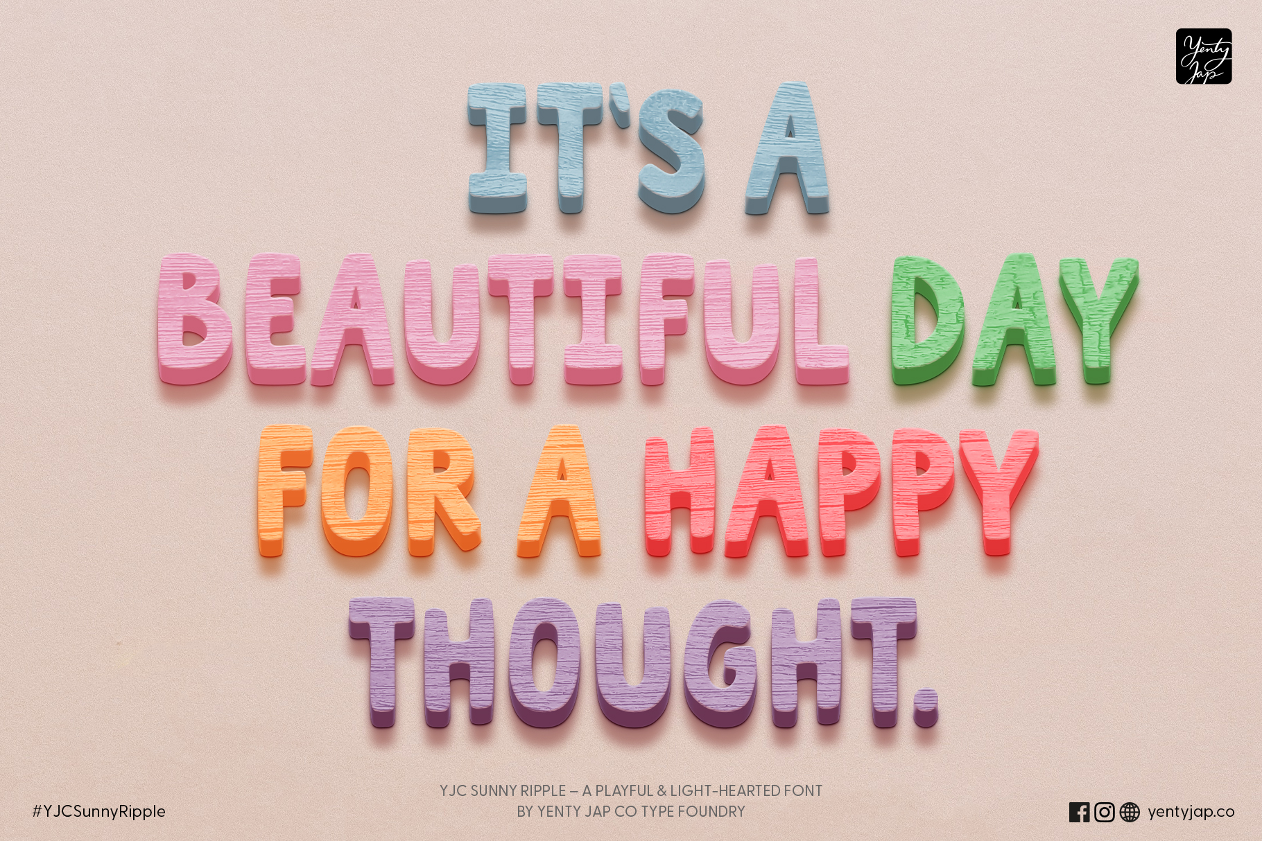 3D textured letters in multiple colors spelling beautiful day happy thought phrase
