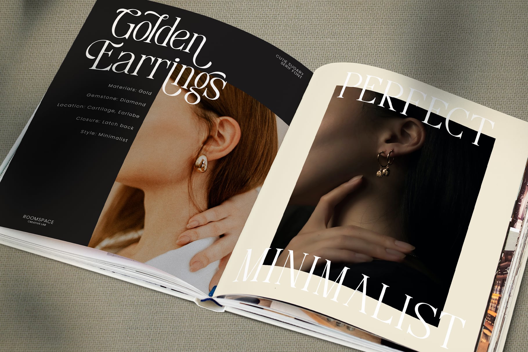 Magazine spread mockup featuring Golden Earrings, Perfect Minimalist font designs