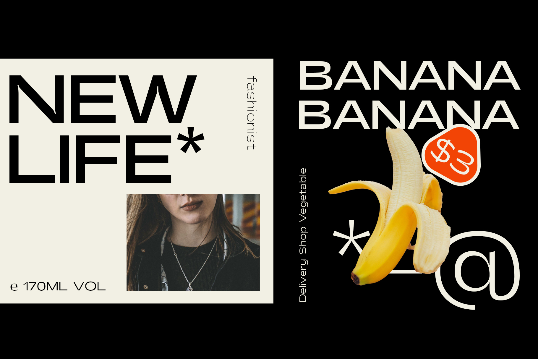 Split layout mockup comparing NEW LIFE product with banana delivery flyer, portrait photo, pricing details