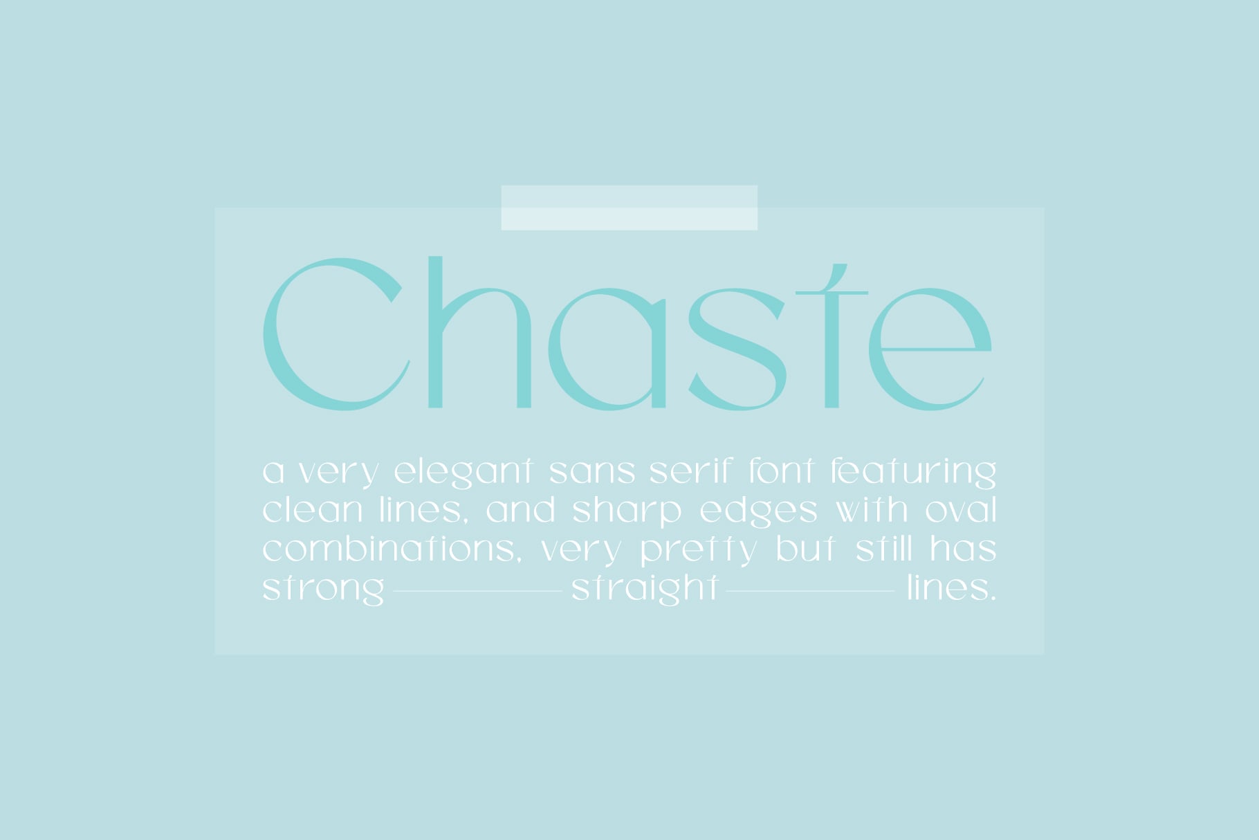 Chaste font sample displaying elegant sans serif letters on soft blue background
