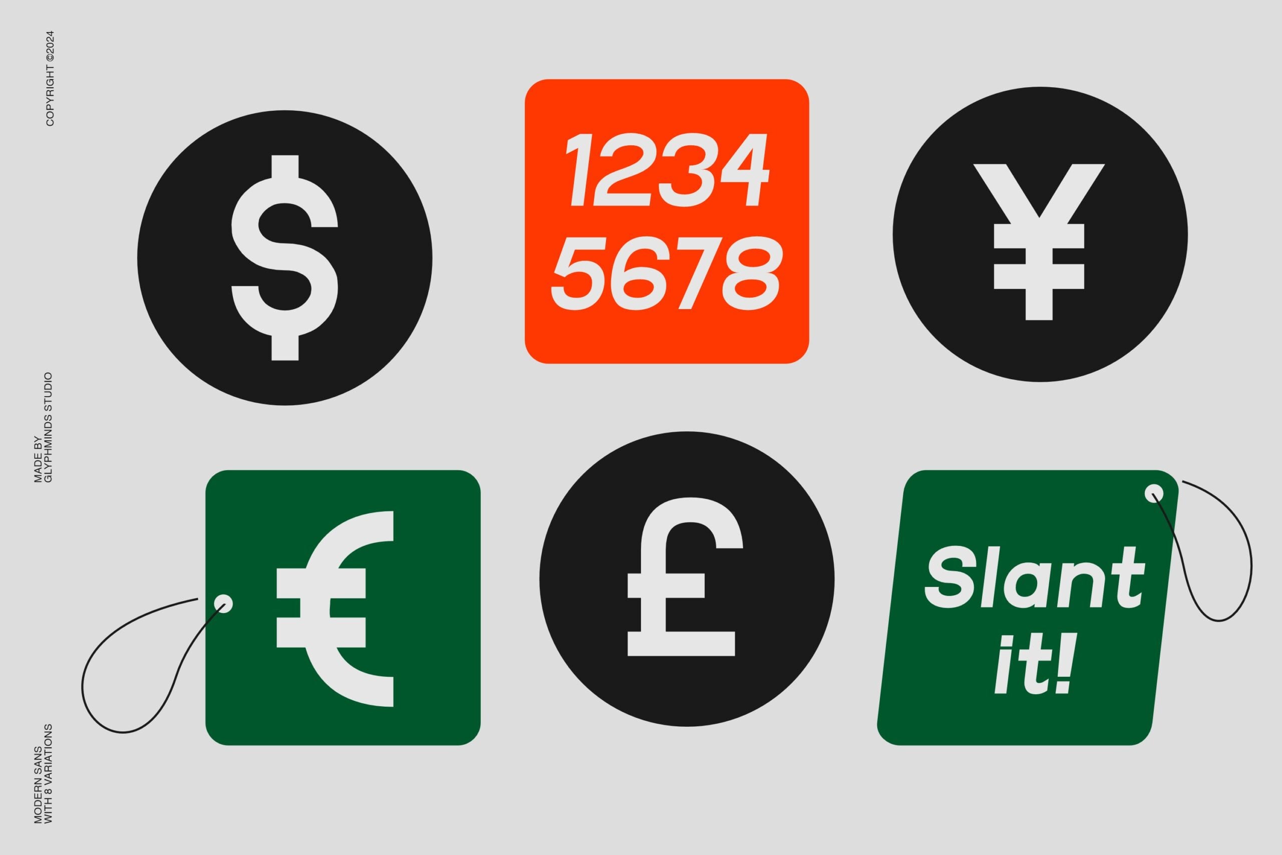 Six currency icons displaying dollar, yen, euro, pound symbols in black circles with green labels
