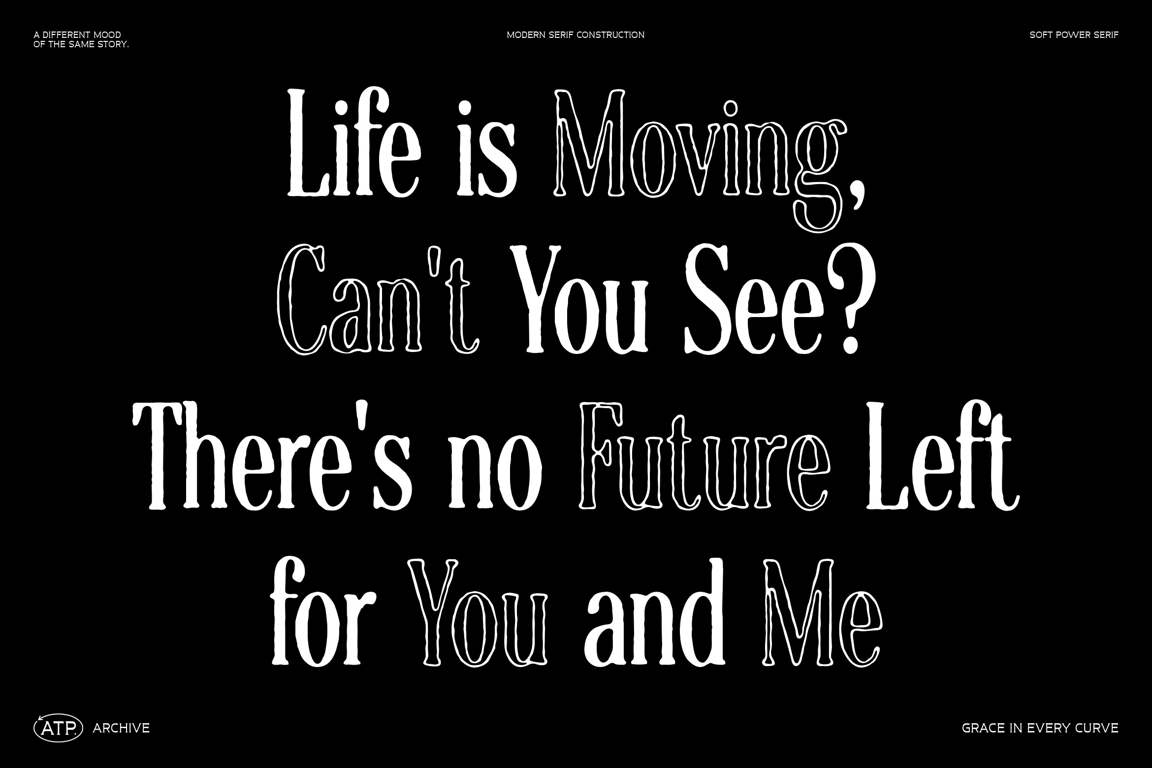 Relave serif typeface specimen with mixed weights on black background