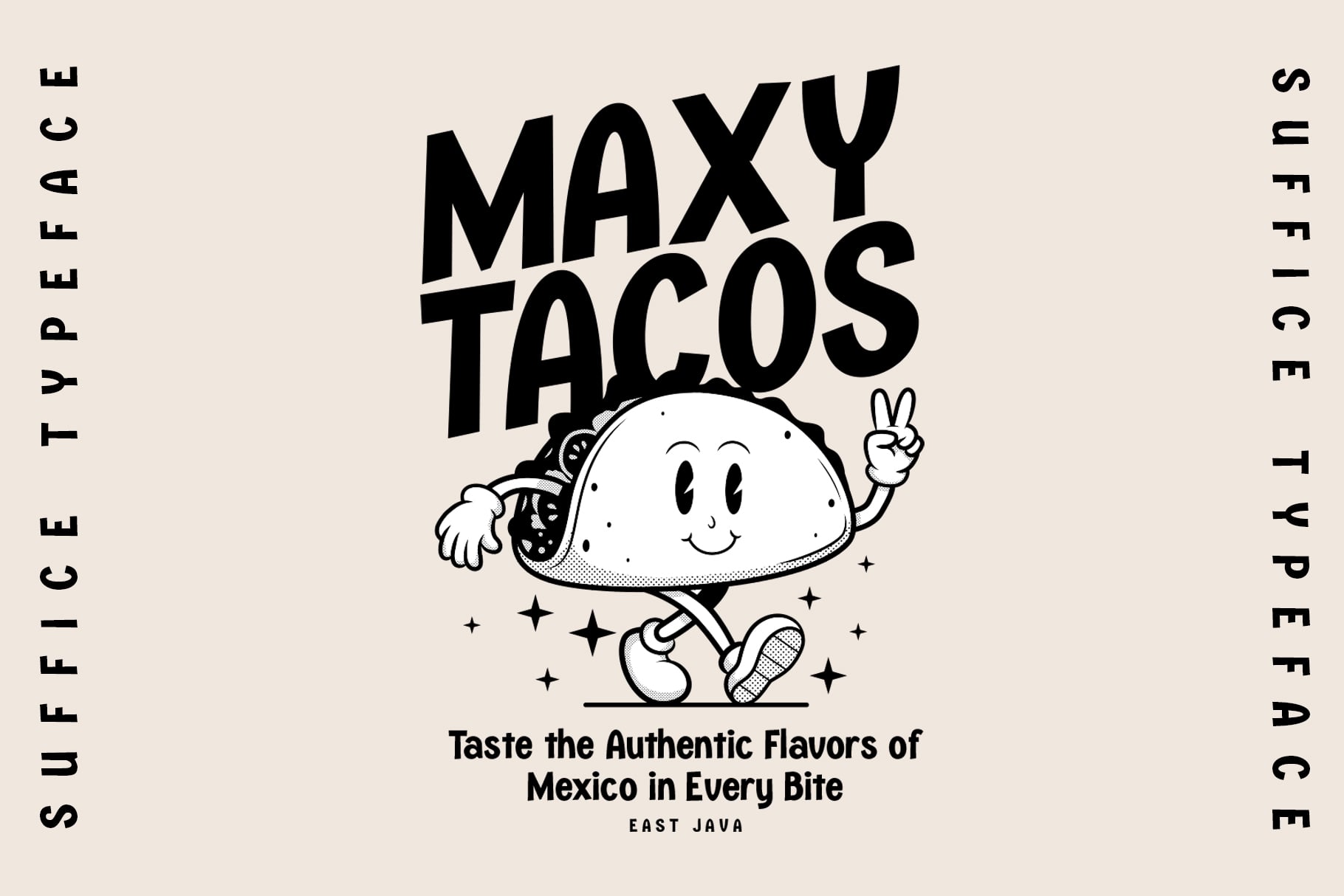 Maxy Tacos retro cartoon character with peace sign surrounded by decorative sparkles