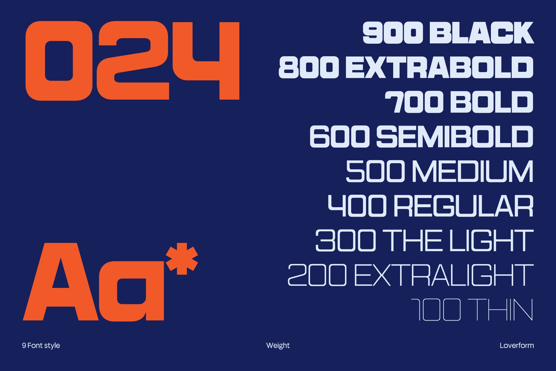 Bold sans serif font family with 9 weights from thin to black on navy background