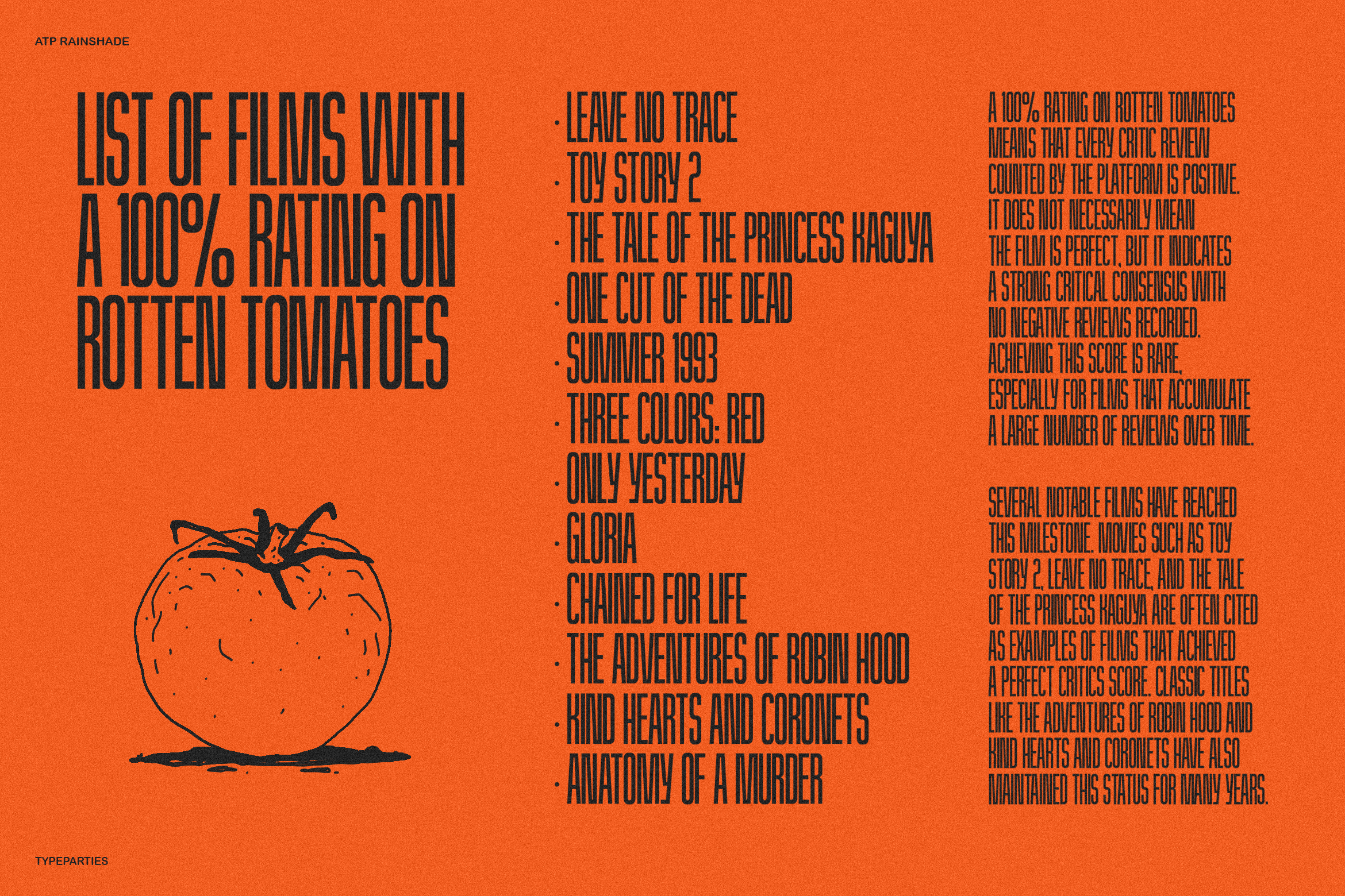 Orange graphic showcasing a list of films with 100 percent rating on Rotten Tomatoes. Bold typography, illustration of a tomato. Perfect for designers.