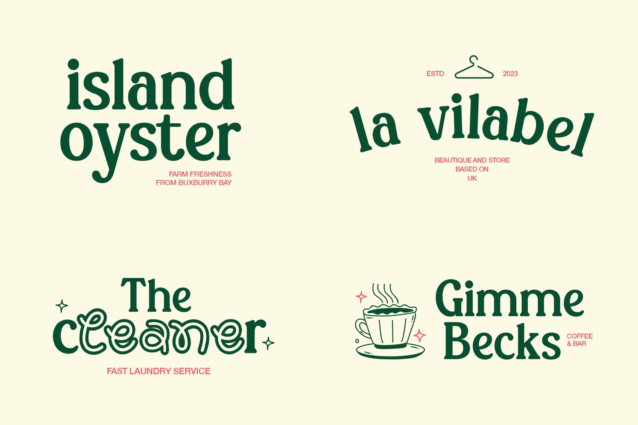 Four business name logos in green with pink accents on cream background