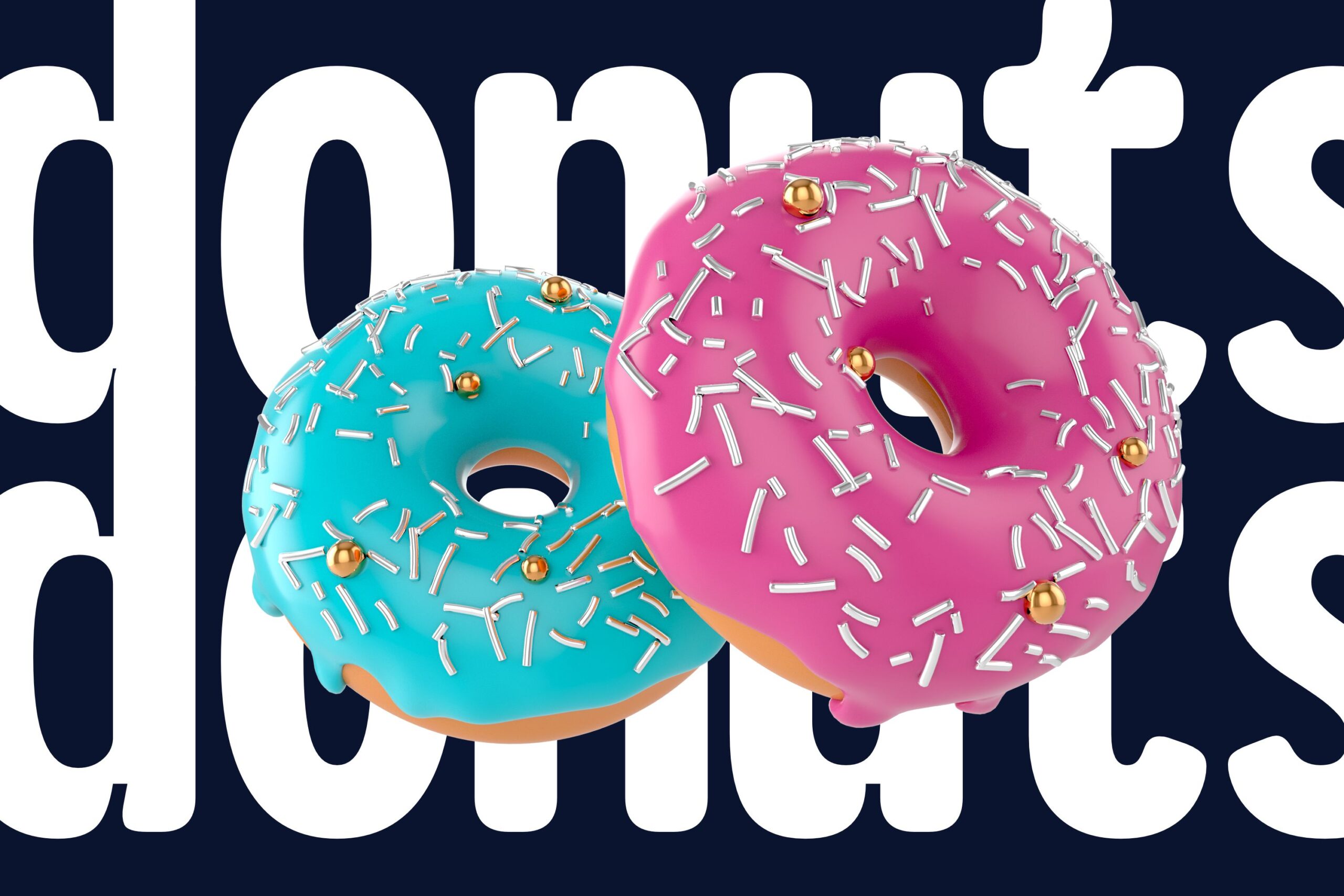 Bright turquoise plus hot pink frosted donuts with gold sprinkles against navy background