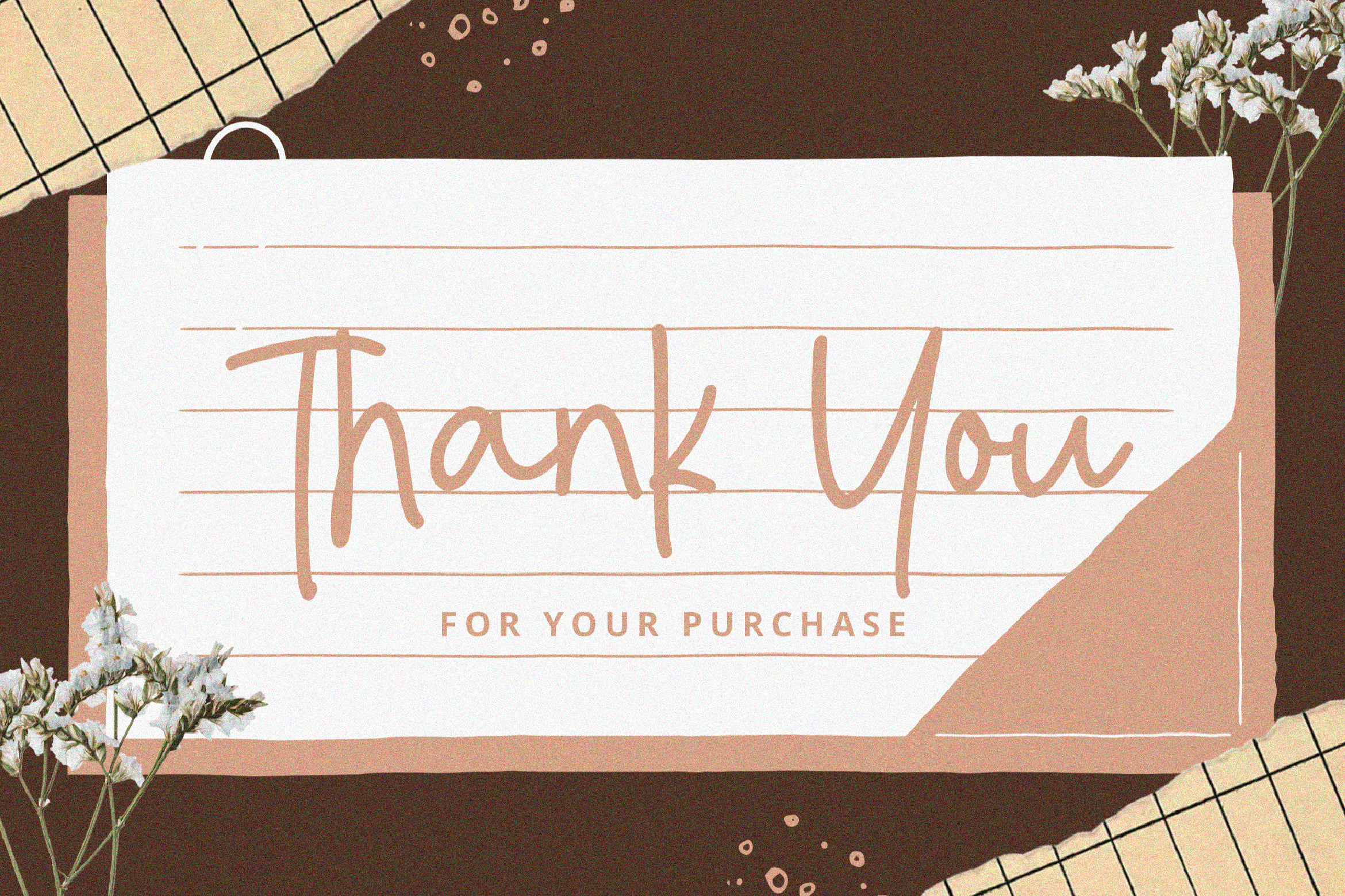 Thank you card with a minimal design on brown background with dried flowers. Ideal for graphic design templates or mockups. Keywords thank you, card design.