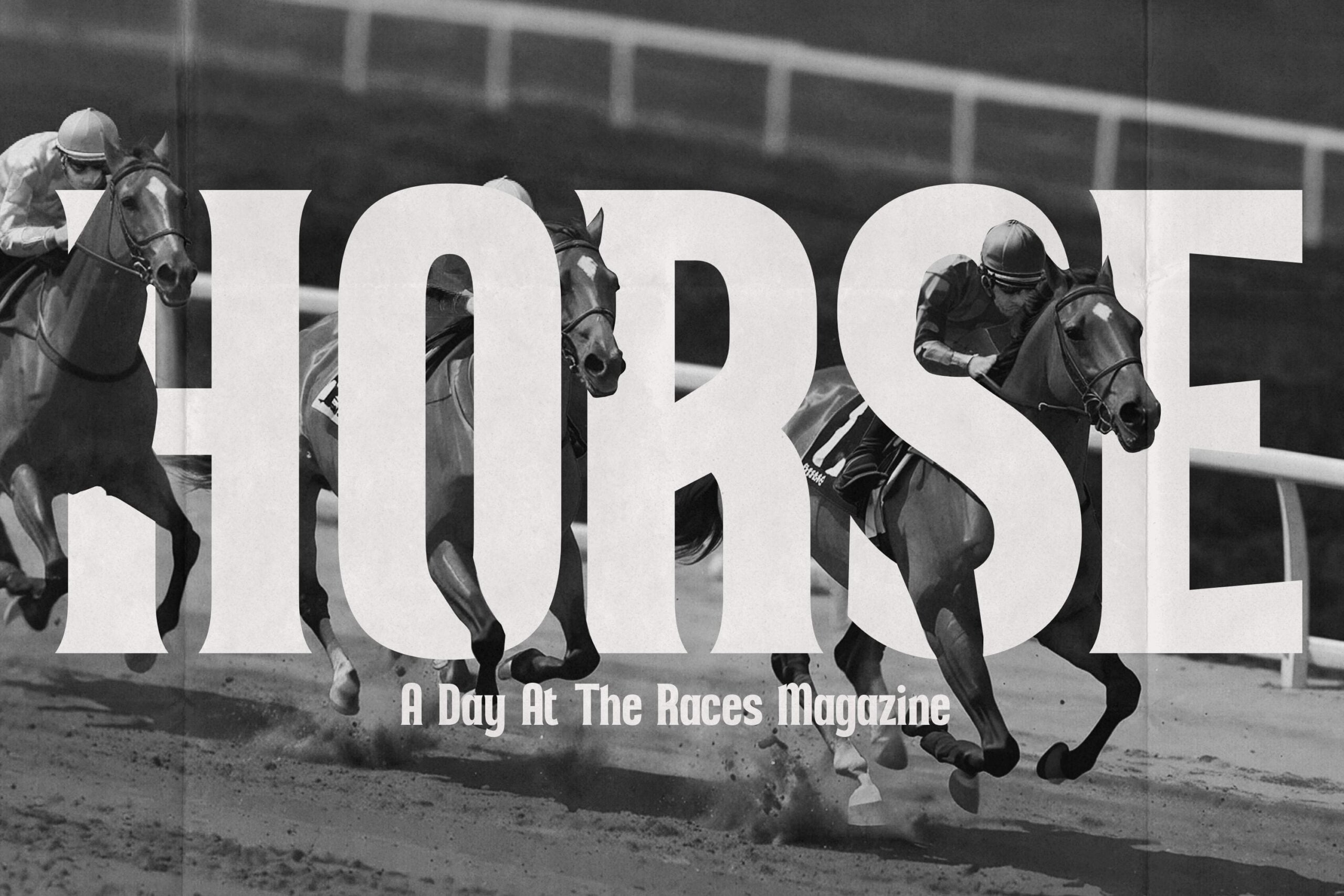 Horse racing magazine cover mockup with large serif type overlay