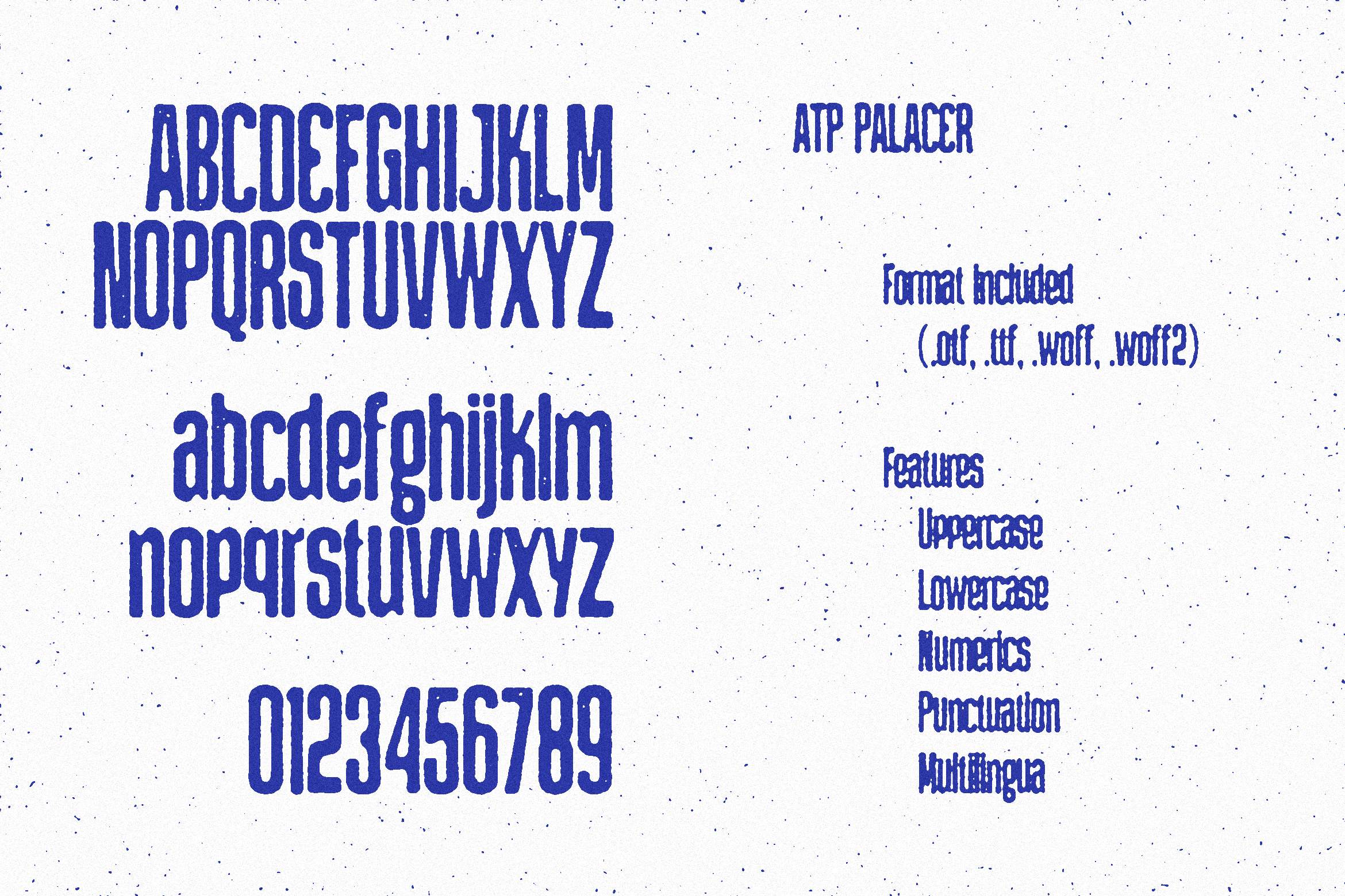 ATP Palacer font showing uppercase, lowercase, numerals in bold blue distressed texture