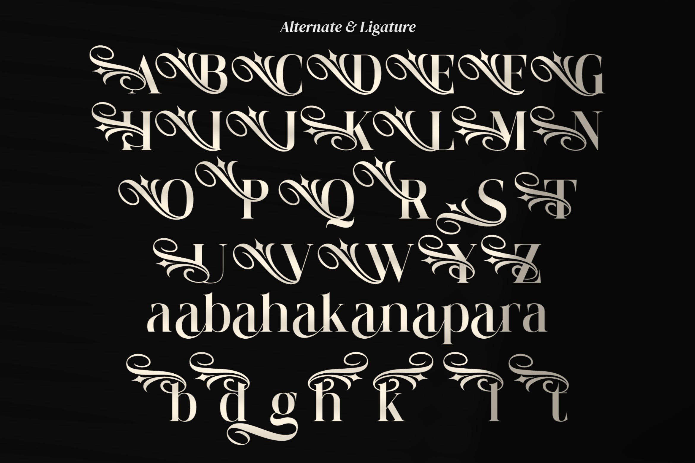 Ornate serif alphabet set with decorative flourishes on black background