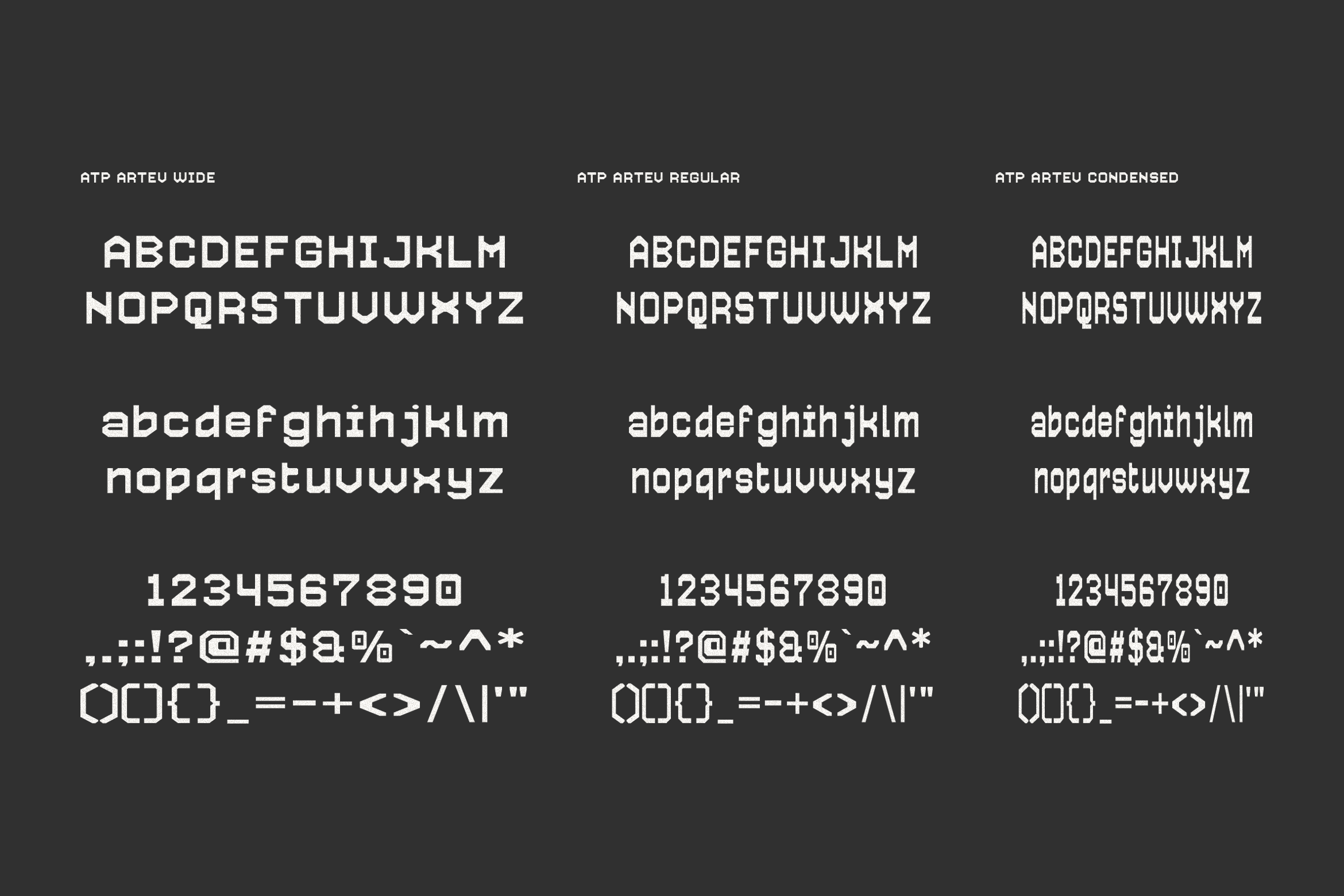 Arteu font family showing wide, regular, condensed weights with uppercase lowercase numbers symbols