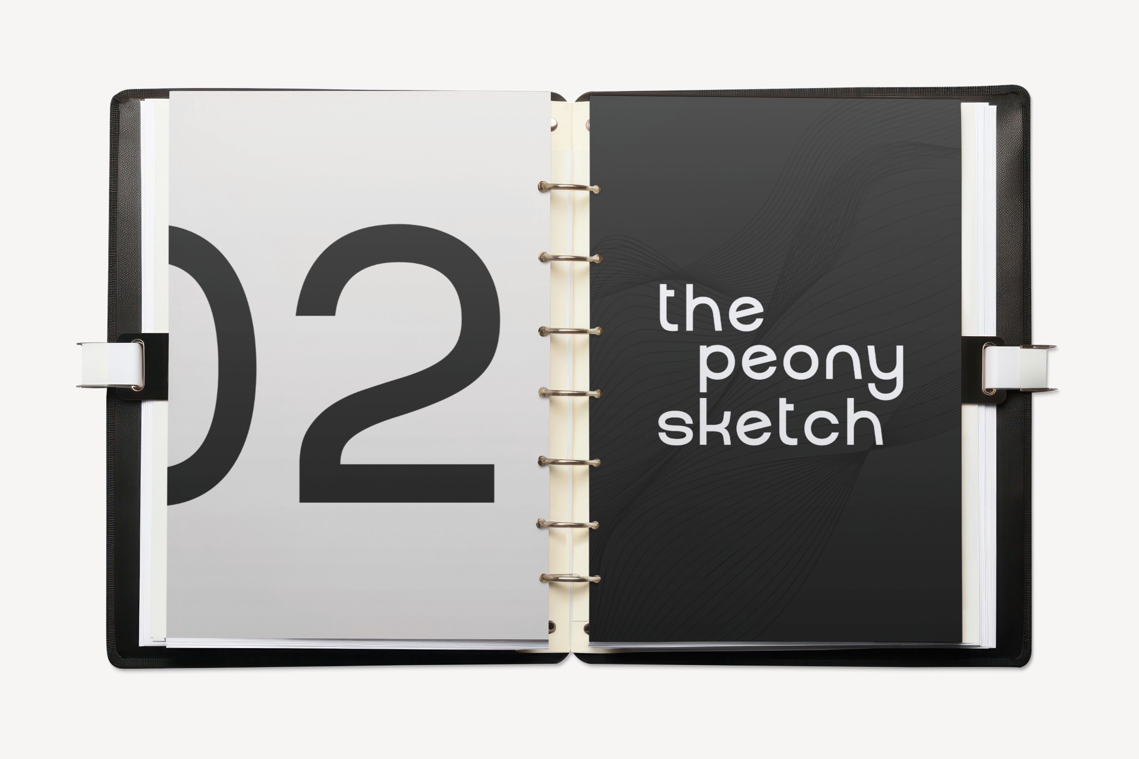 Open spiral notebook mockup showing page 2 with peony sketch title on black right page