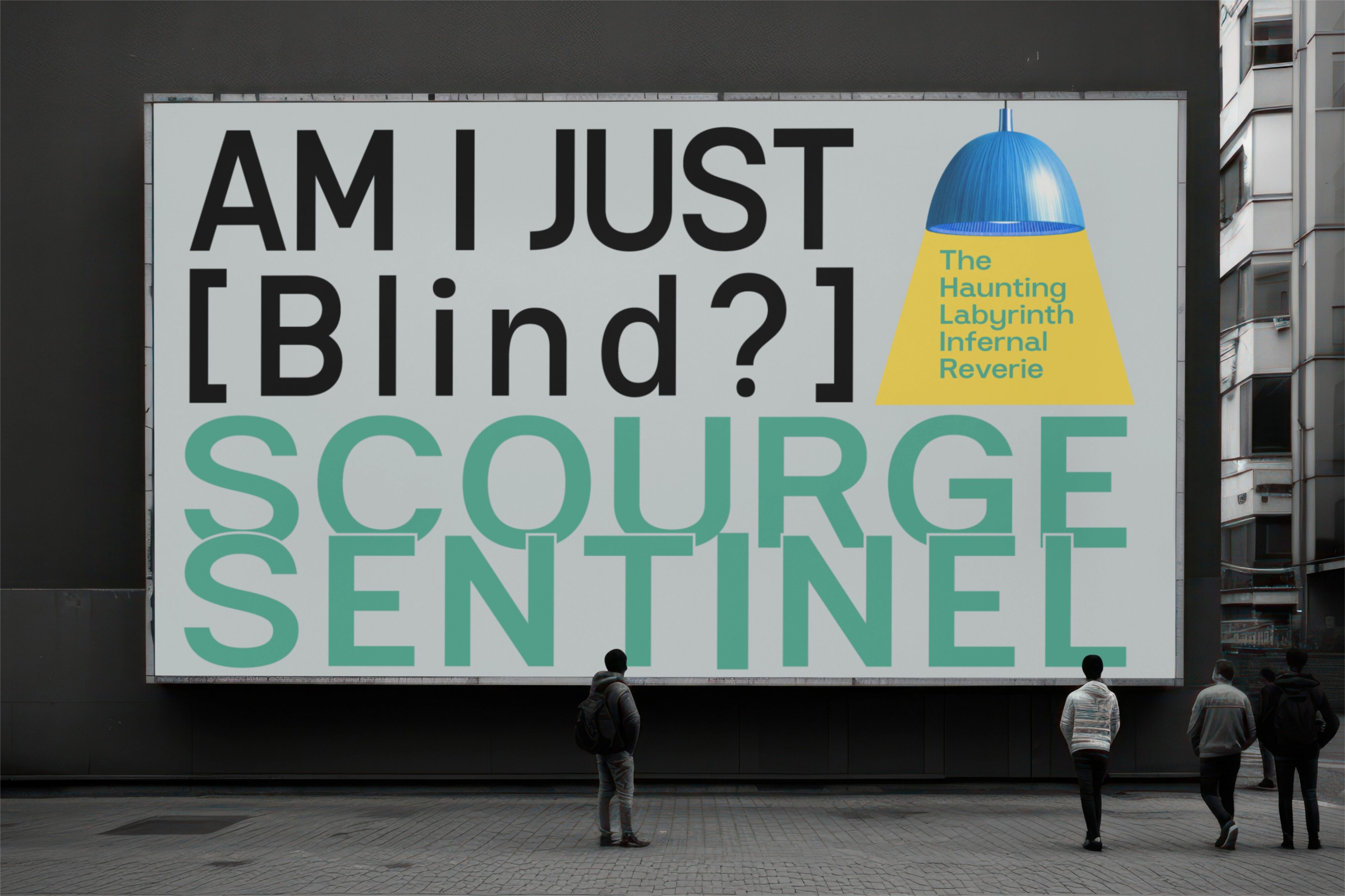 Scourge Sentinel billboard mockup with lamp illustration on urban wall