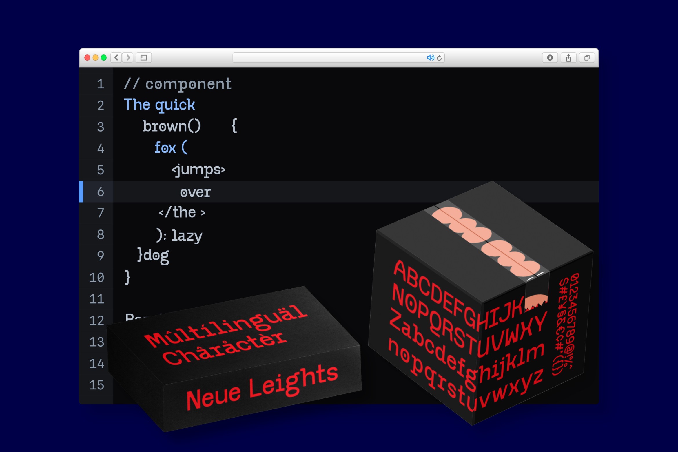 Code editor window showing HTML snippet with red Neue Leights font labels on black 3D cube mockups