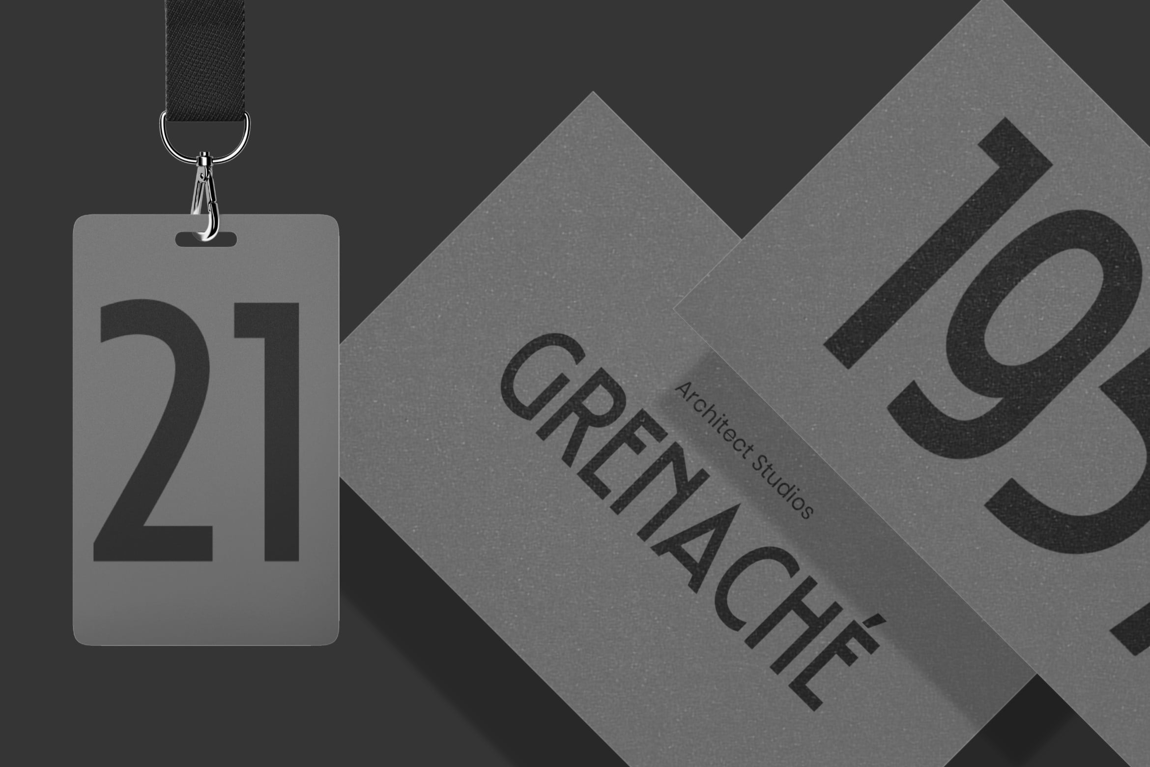 ID badge mockup with Grenache font angled collage layout dark tones