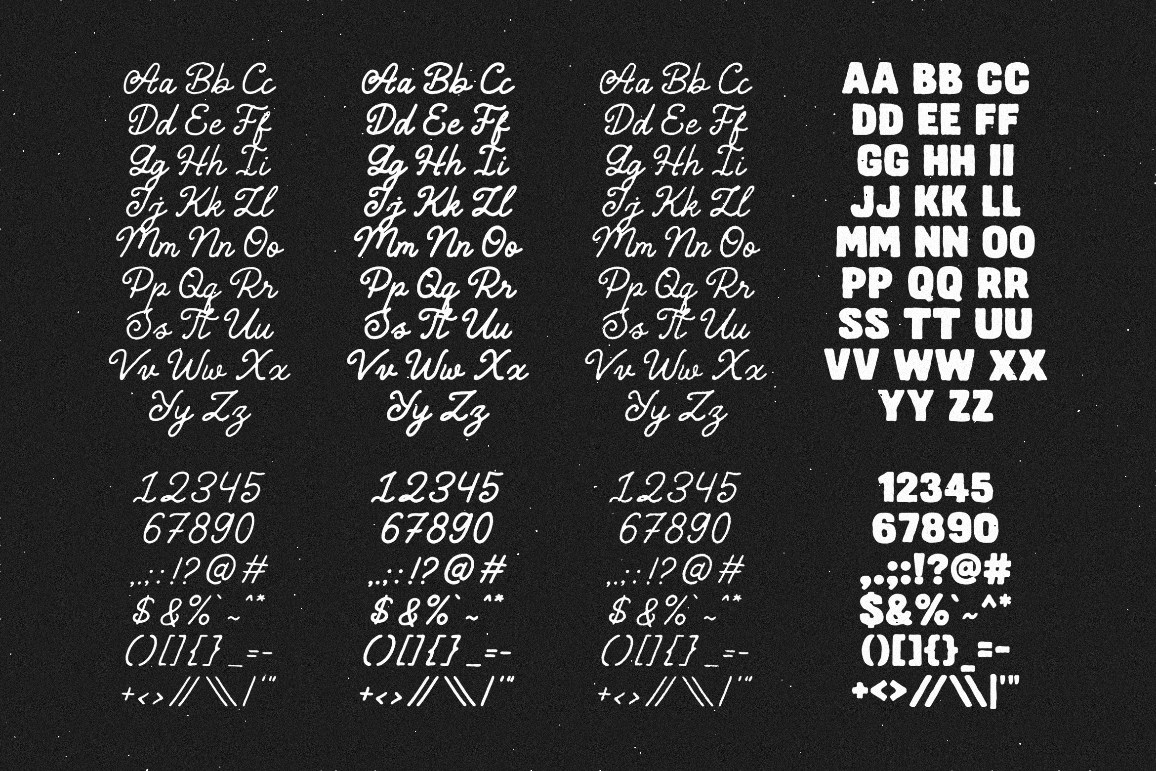 Stylish font set showcasing alphabet, numbers, symbols; includes cursive and bold styles. Perfect for mockups, templates, graphic design.