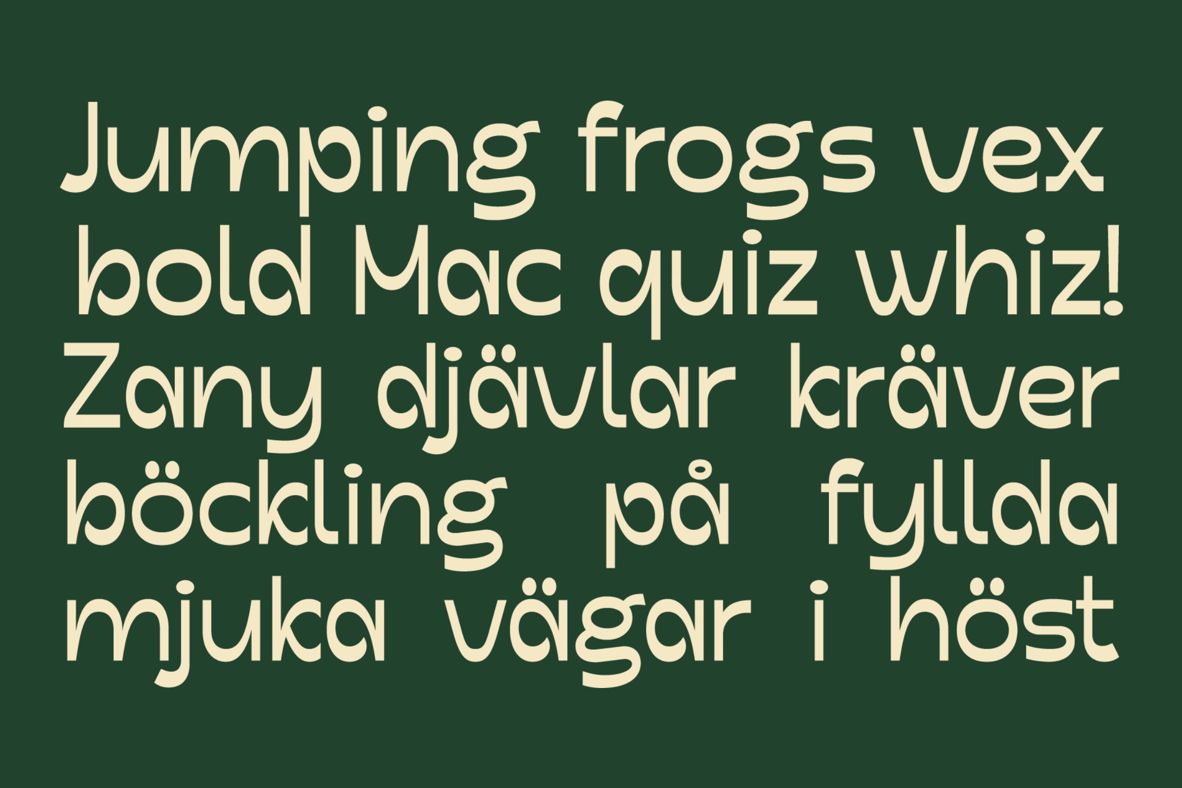 Jumping Frogs Vex font specimen with multilingual text samples