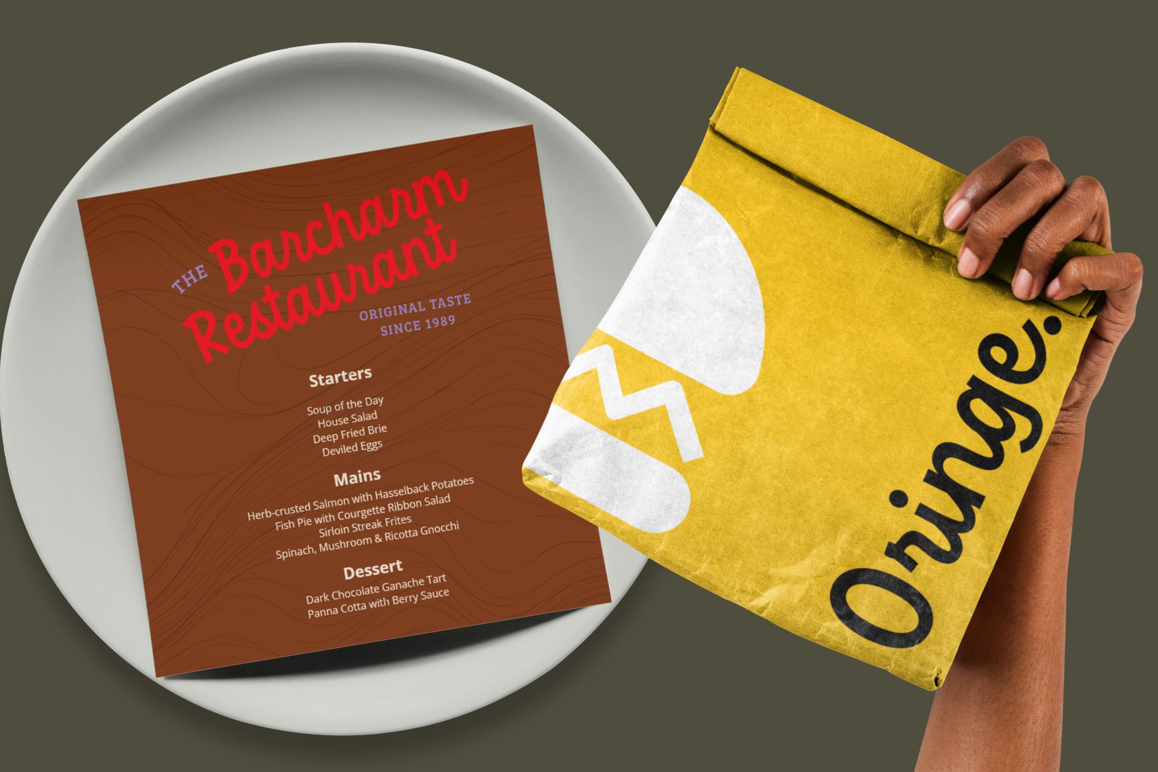 Restaurant menu card on white plate next to bright yellow napkin being held by hand