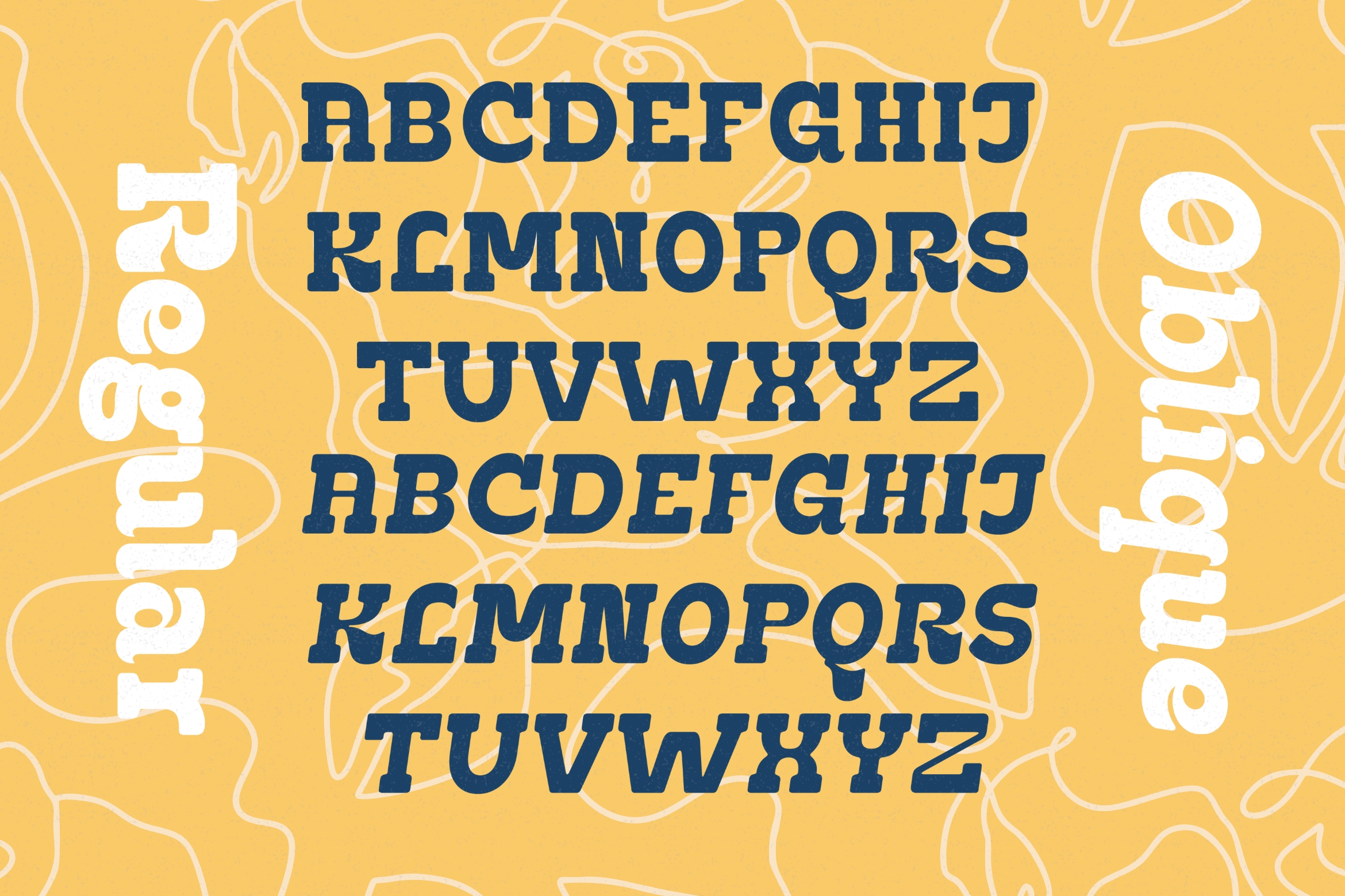 Slab serif font samples in navy on yellow background with organic shapes