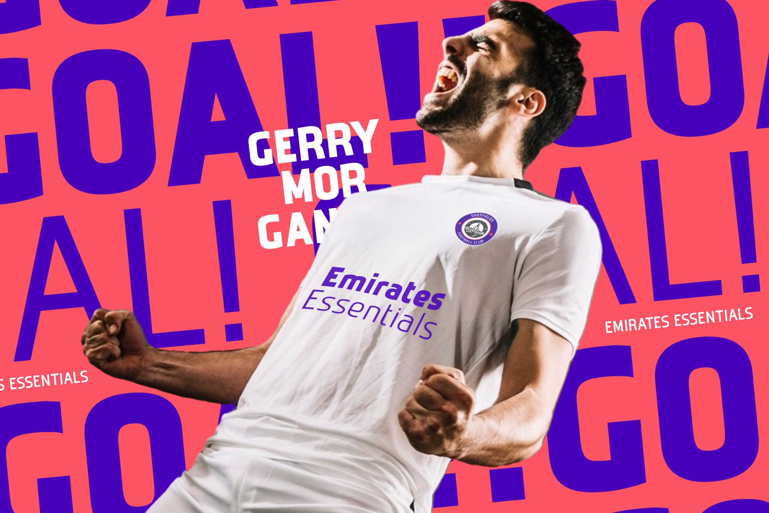 Soccer player in white jersey celebrating against coral pink purple geometric text overlay
