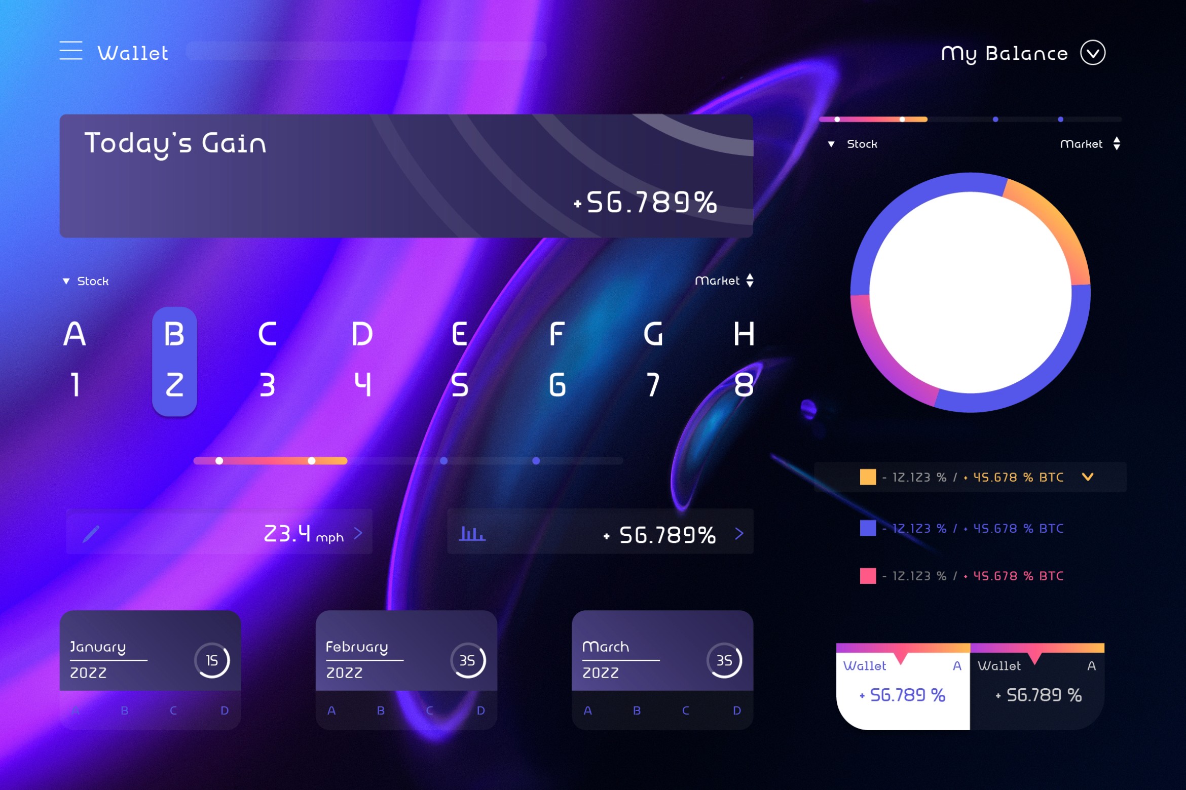 Vibrant crypto wallet dashboard with colorful charts on purple background