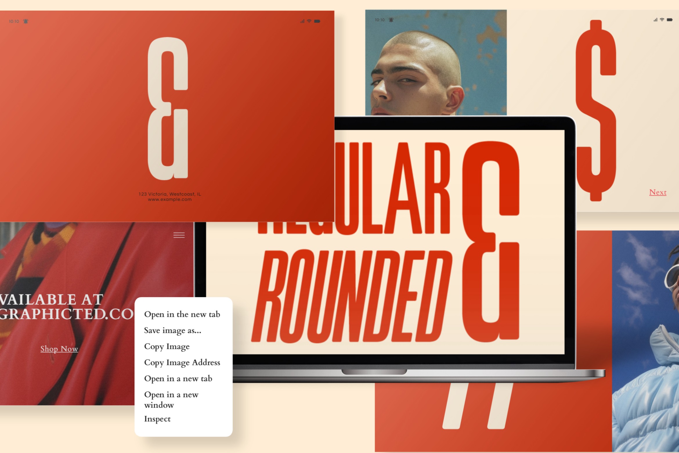 Rounded font mockup overlaid on website designs with red backgrounds, phone screens, portrait