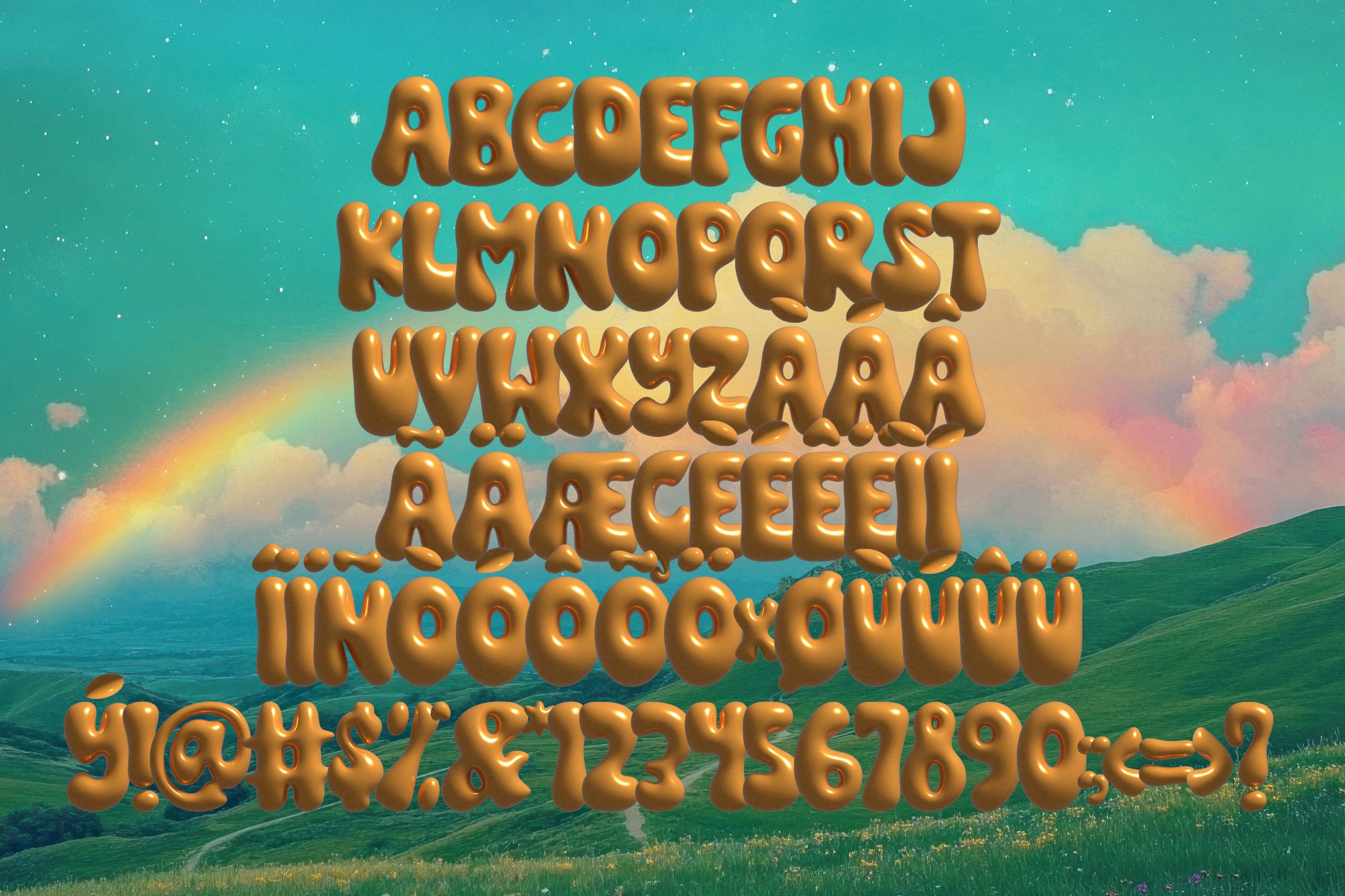 Golden bubbly 3D typeface displaying full alphabet over scenic landscape with rainbow