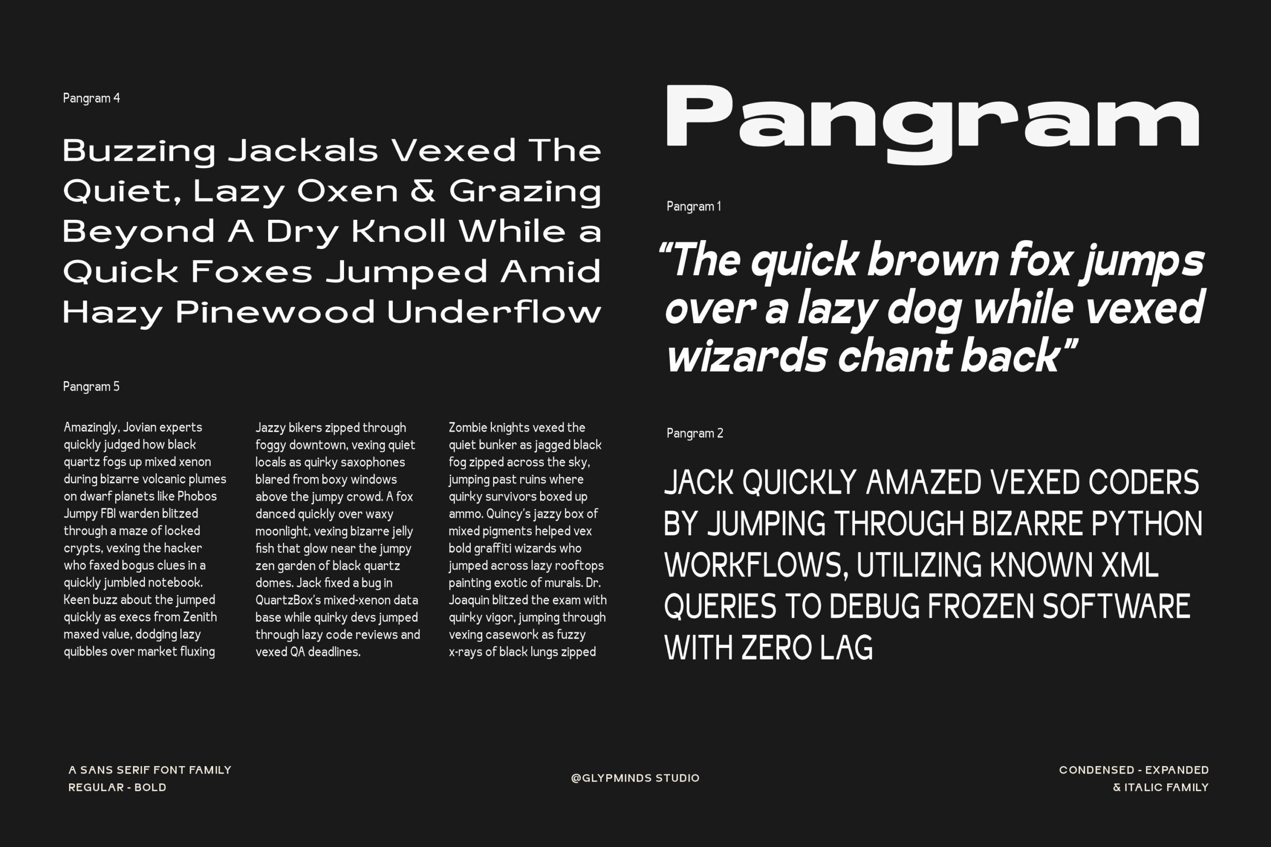 Pangram font family displayed on dark background with sample text in regular, bold, italic, condensed weights