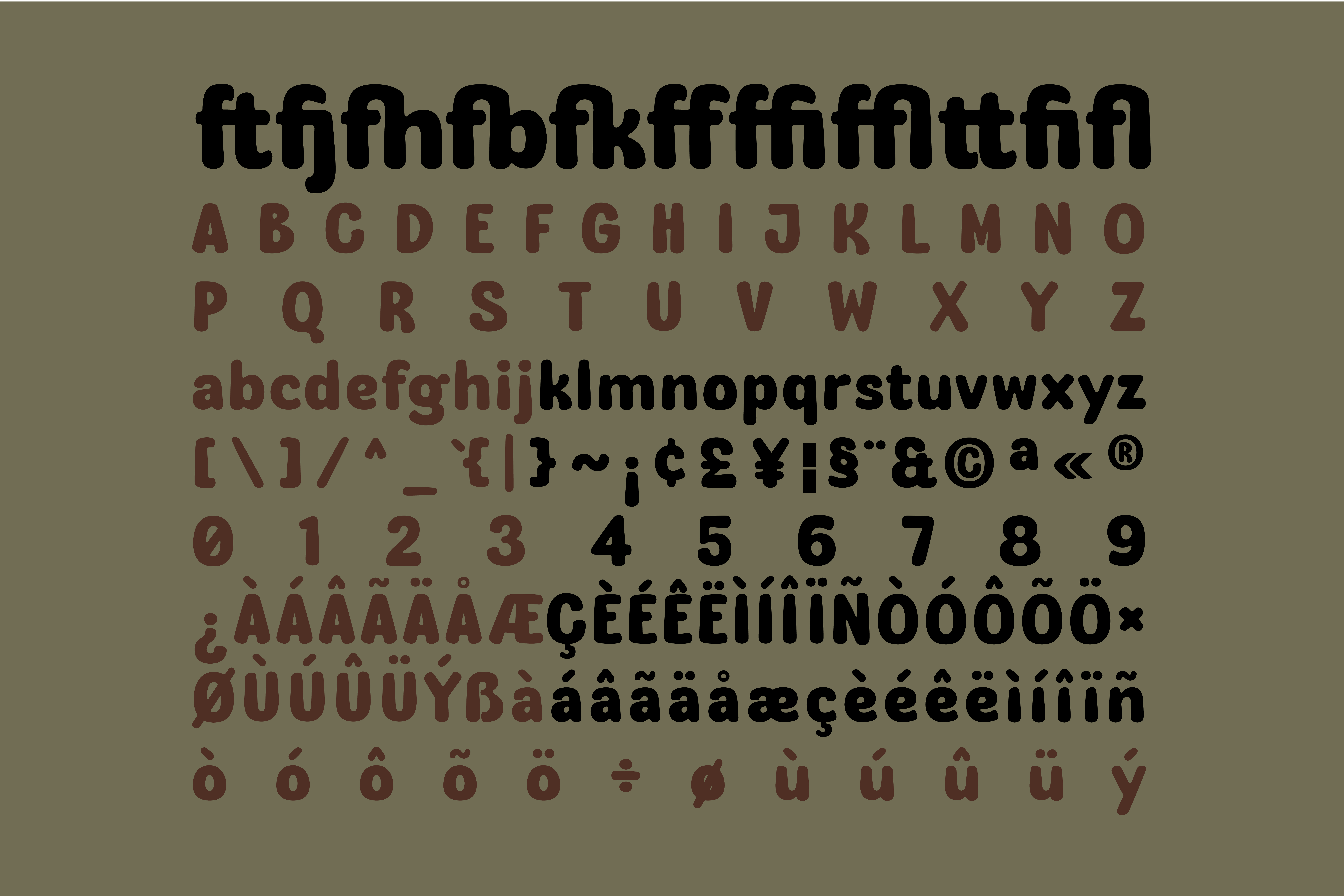Alphabet set in a bold quirky font style, uppercase and lowercase letters, numbers, punctuation, special characters for use in typography designs.